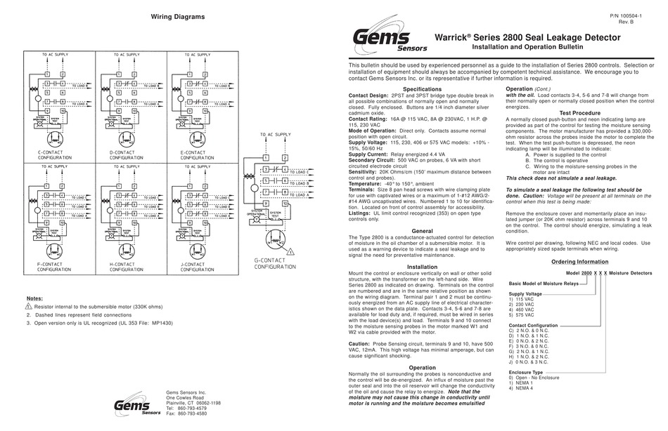 GEMS SENSORS WARRICK 2800 SERIES INSTALLATION AND OPERATION BULLETIN