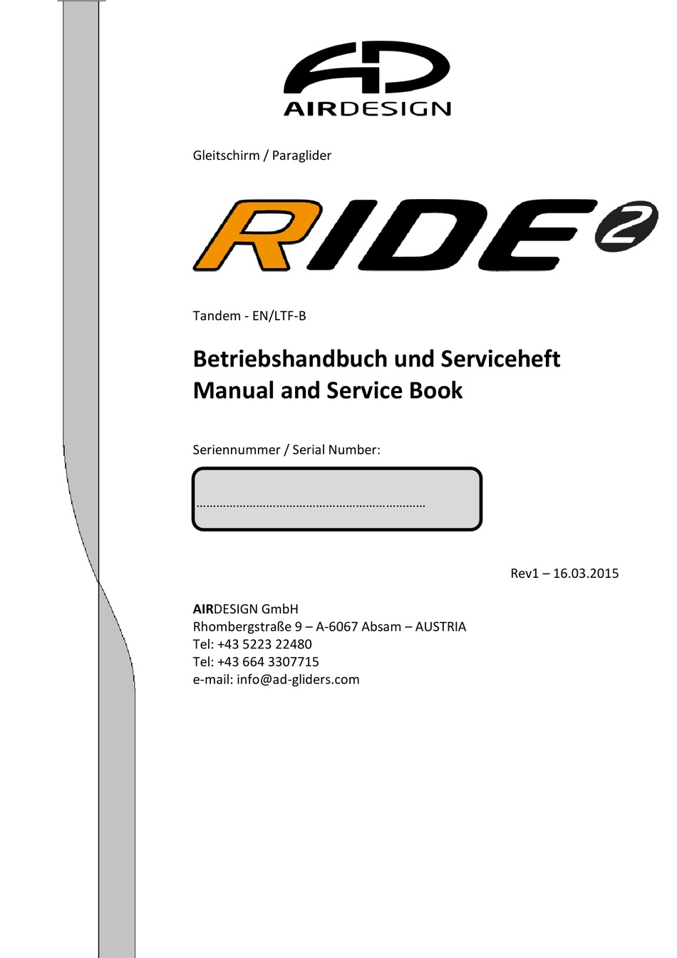 AIRDESIGN RIDE 2 MANUAL AND SERVICE BOOK Pdf Download ManualsLib
