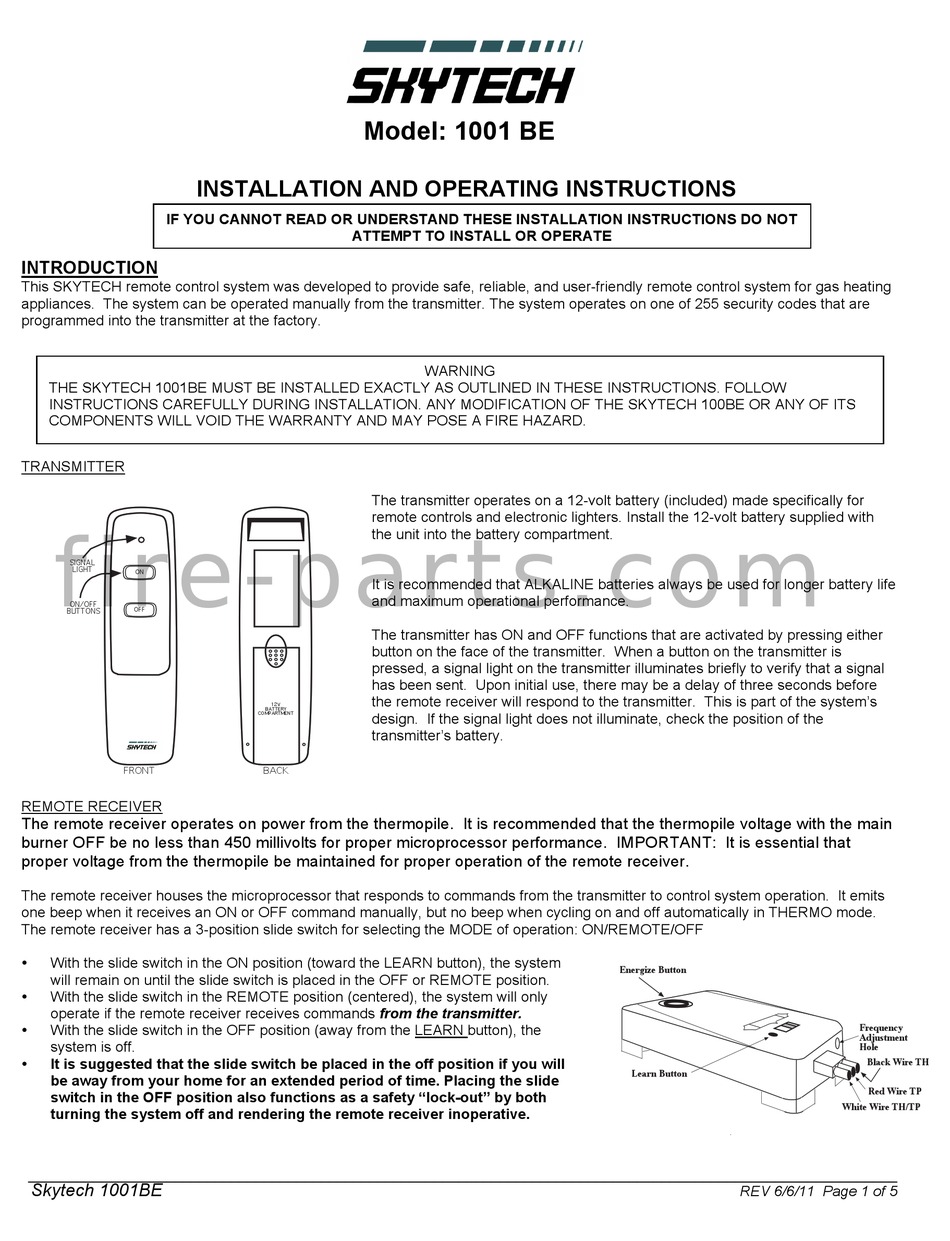 SKYTECH 1001 BE INSTALLATION AND OPERATING INSTRUCTIONS MANUAL Pdf