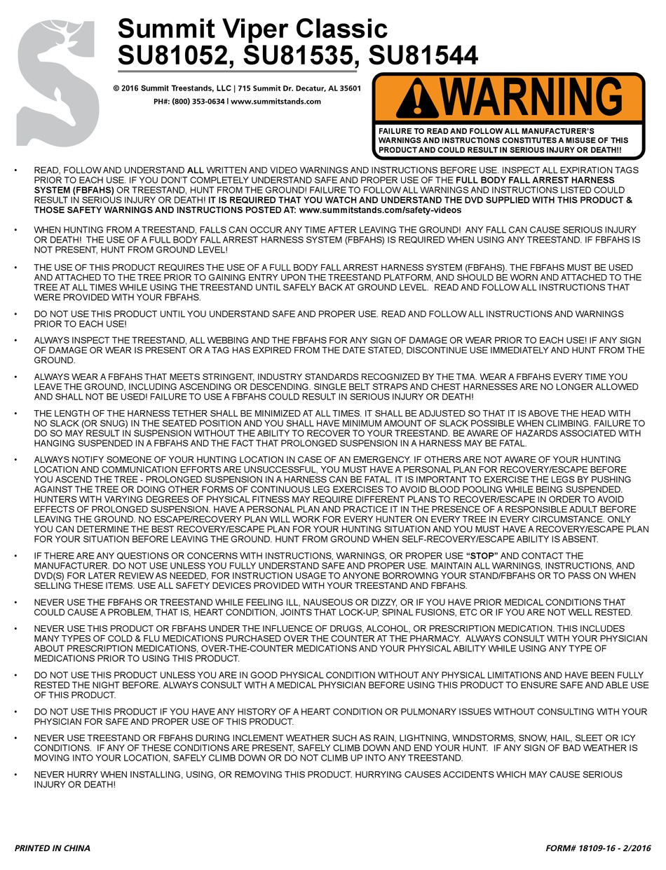 SUMMIT TREESTANDS VIPER CLASSIC SU81052 MANUAL Pdf Download ManualsLib