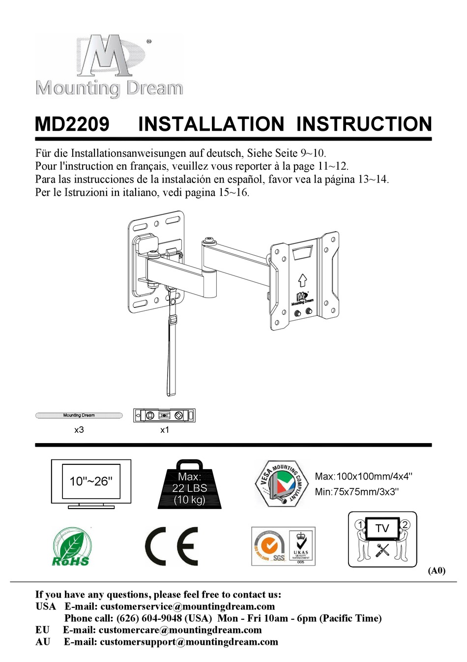 MOUNTING DREAM MD2209 INSTALLATION INSTRUCTIONS MANUAL Pdf Download