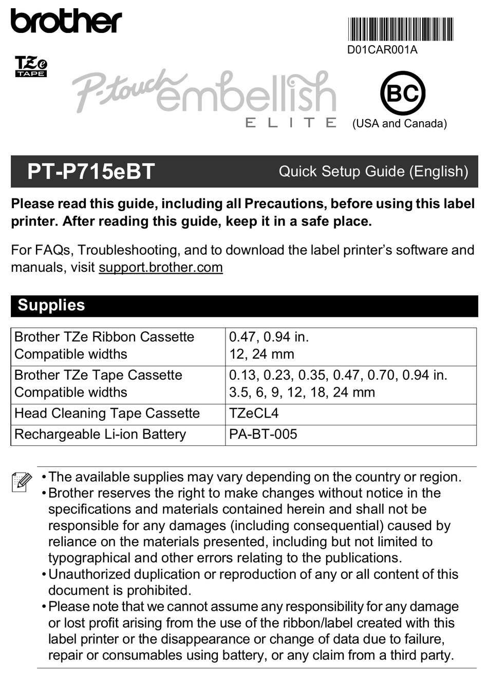 BROTHER PTOUCH EMBELLISH ELITE PTP715EBT QUICK SETUP MANUAL Pdf