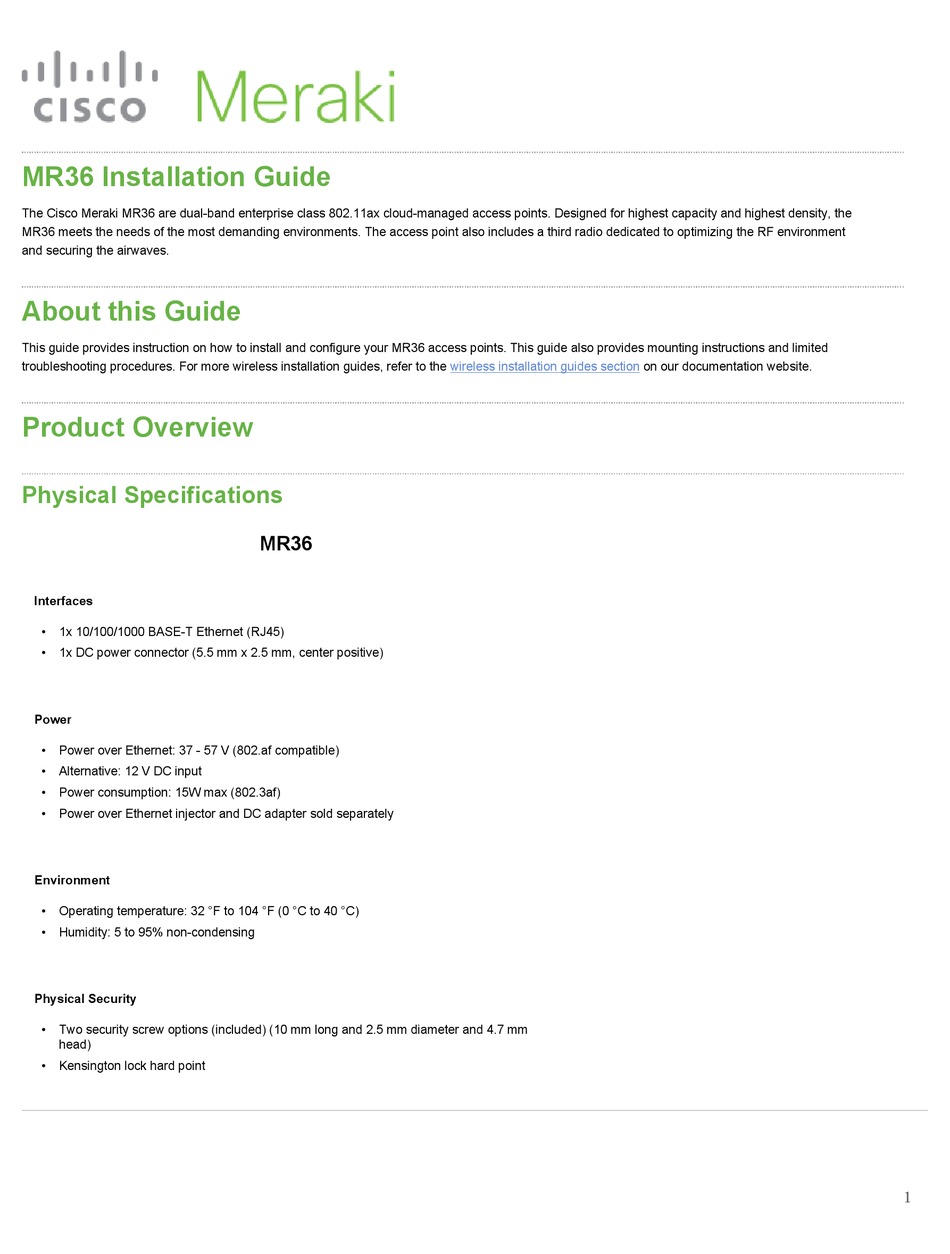 CISCO MERAKI MR36 INSTALLATION MANUAL Pdf Download ManualsLib