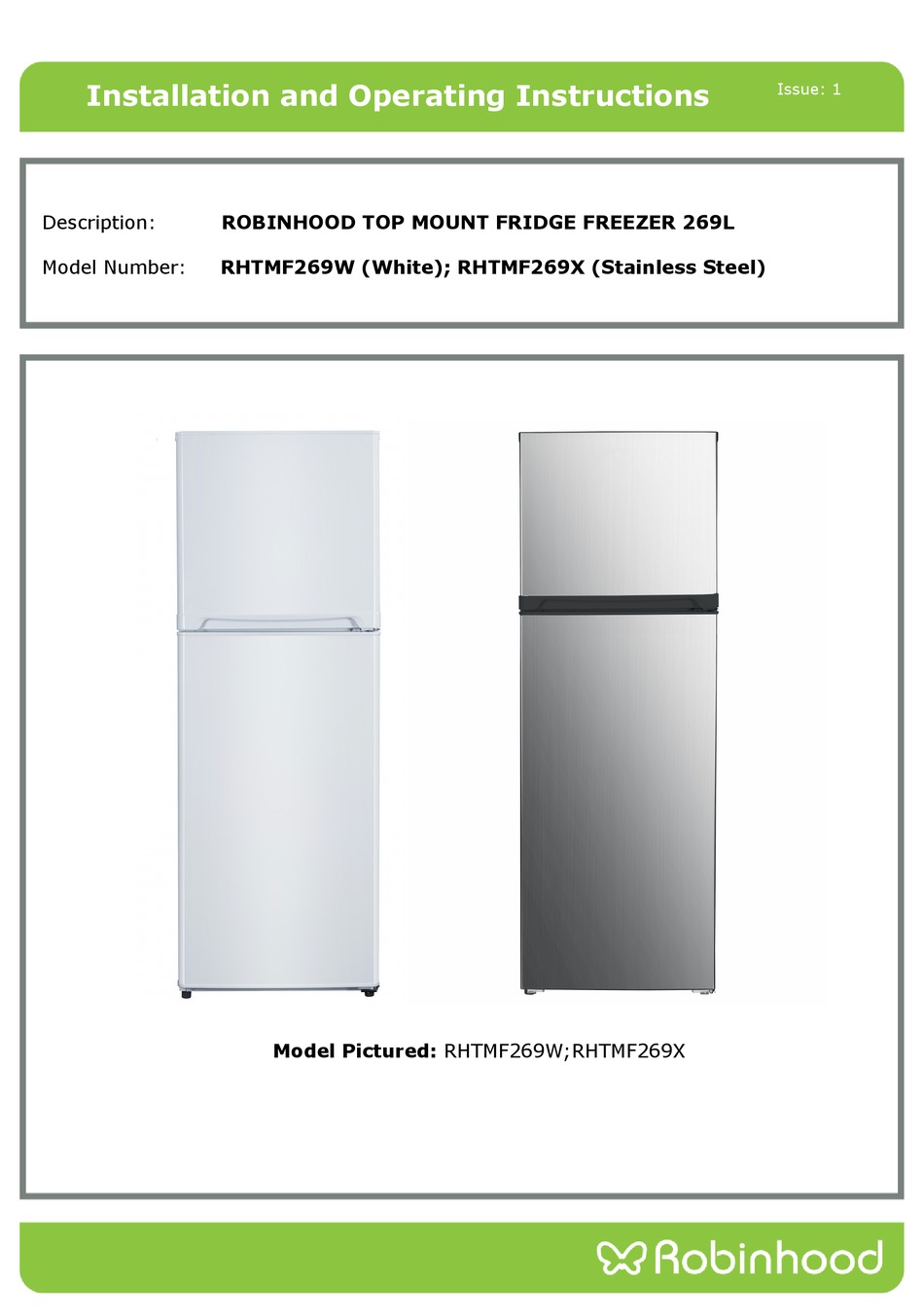 ROBINHOOD RHTMF269W INSTALLATION AND OPERATING INSTRUCTIONS MANUAL Pdf