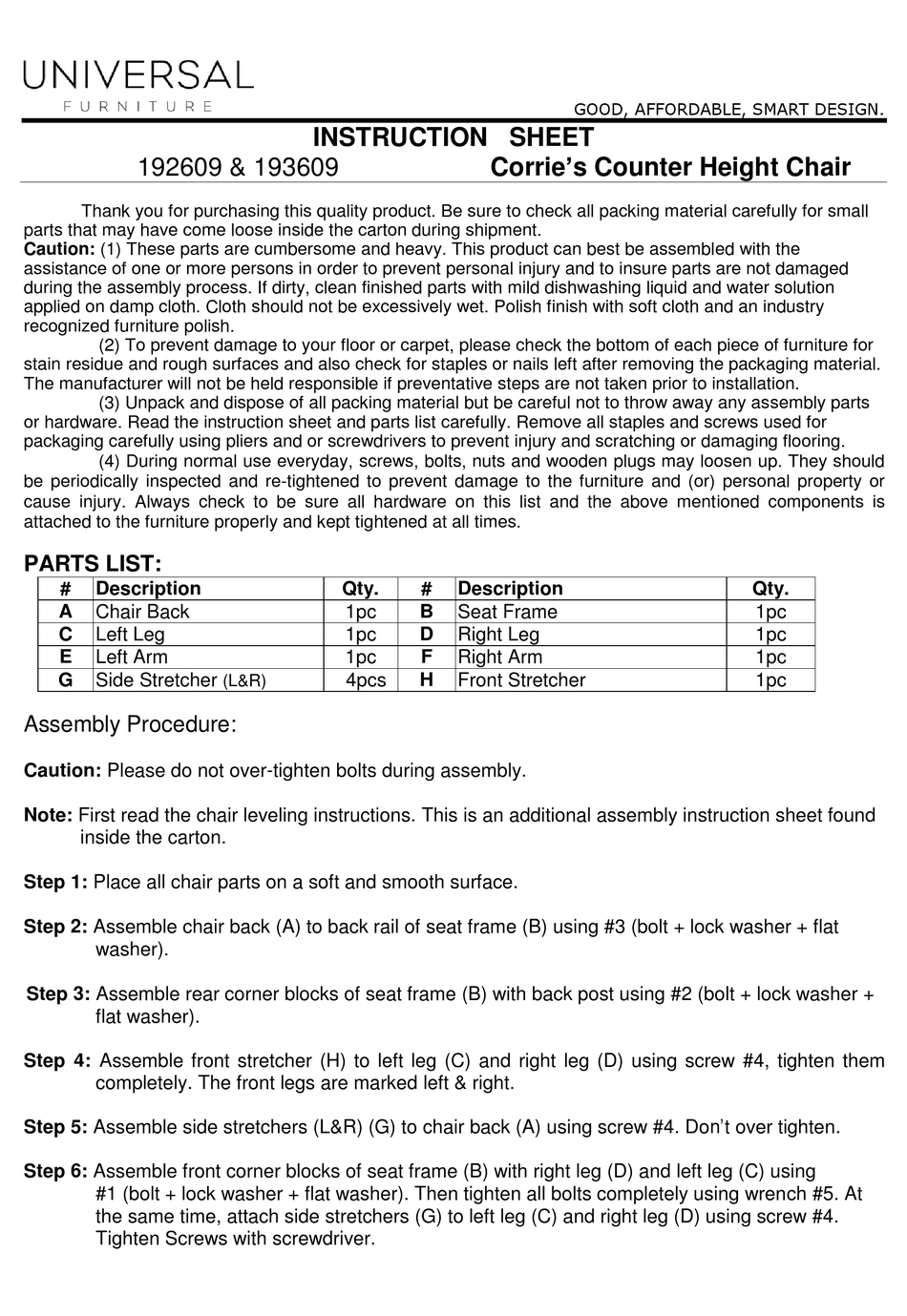 UNIVERSAL FURNITURE 192609 INSTRUCTION SHEET Pdf Download ManualsLib