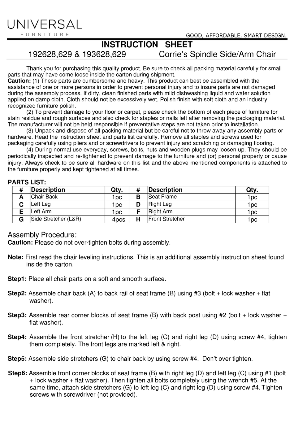 UNIVERSAL FURNITURE 192628,629 INSTRUCTION SHEET Pdf Download ManualsLib