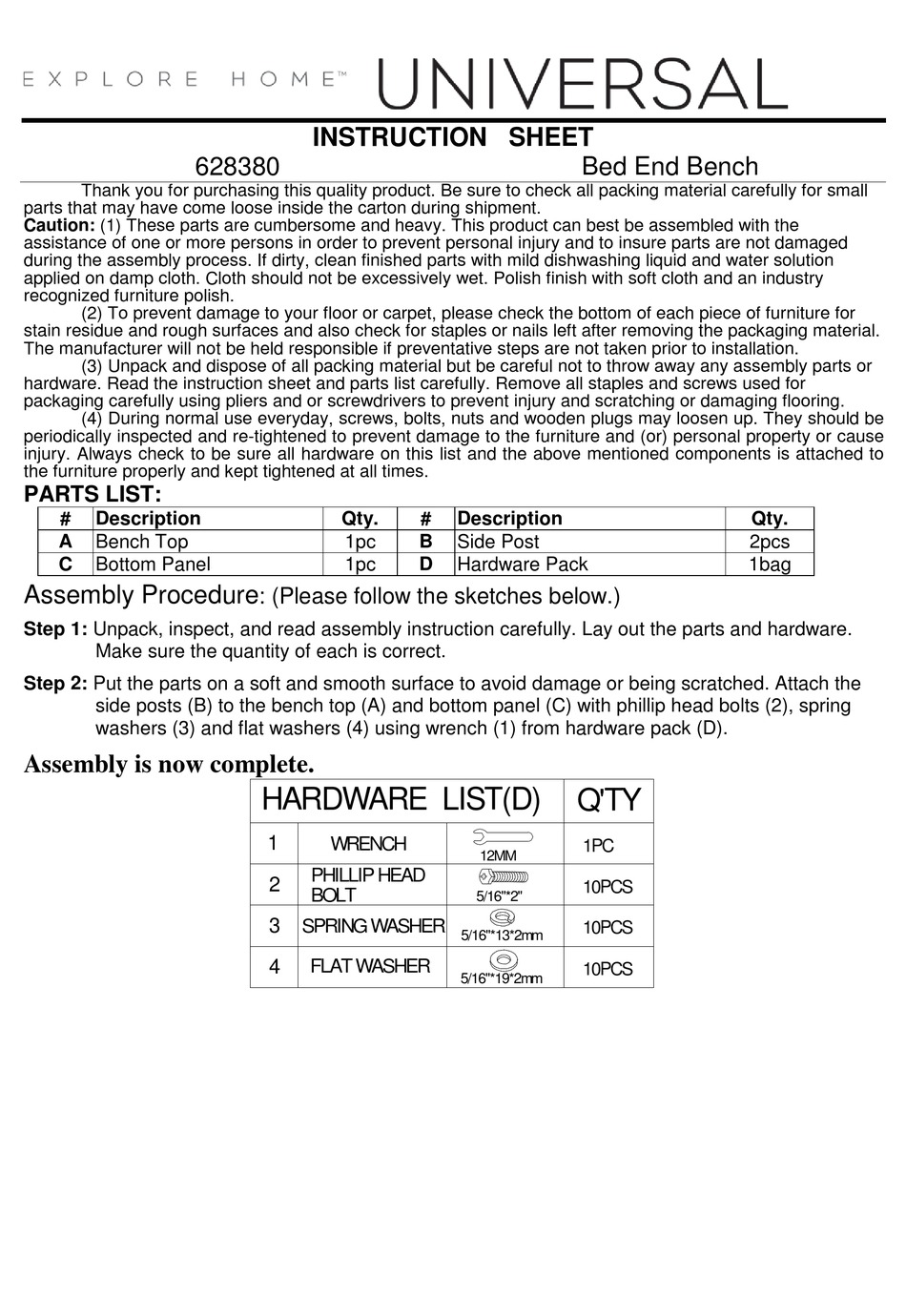 UNIVERSAL FURNITURE EXPLORE HOME 628380 INSTRUCTION SHEET Pdf Download