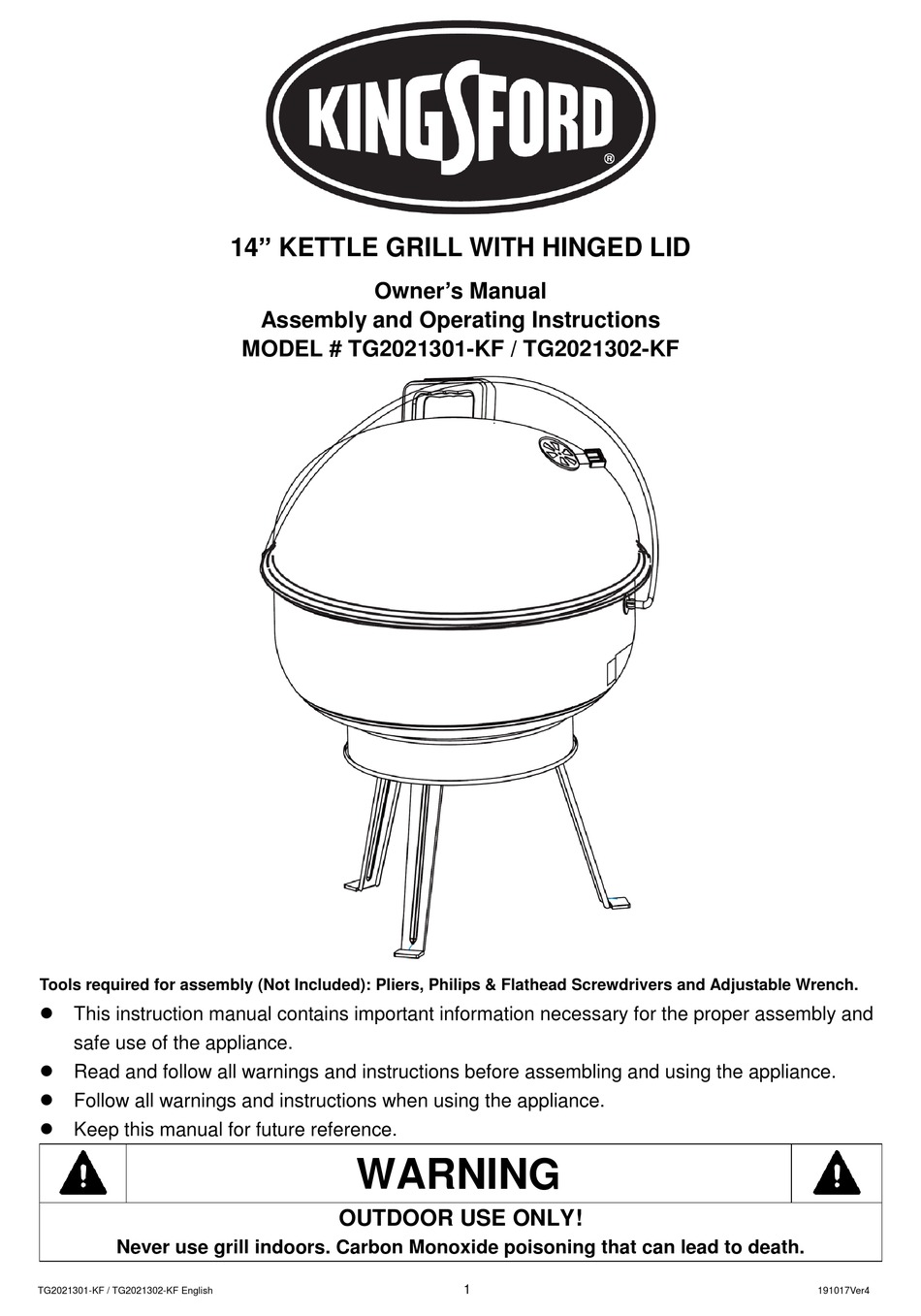 KINGSFORD TG2021301KF OWNERS MANUAL ASSEMBLY AND OPERATING
