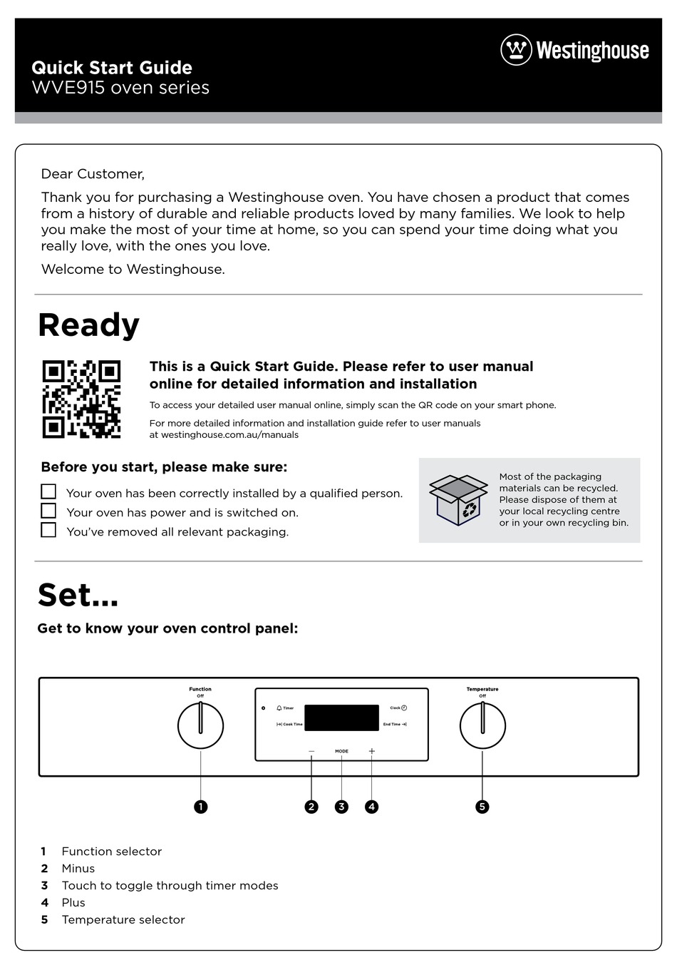 WESTINGHOUSE WVE915 SERIES QUICK START MANUAL Pdf Download | ManualsLib