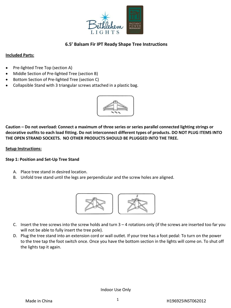 BETHLEHEM LIGHTS 6.5’ BALSAM FIR IPT READY SHAPE TREE INSTRUCTIONS Pdf