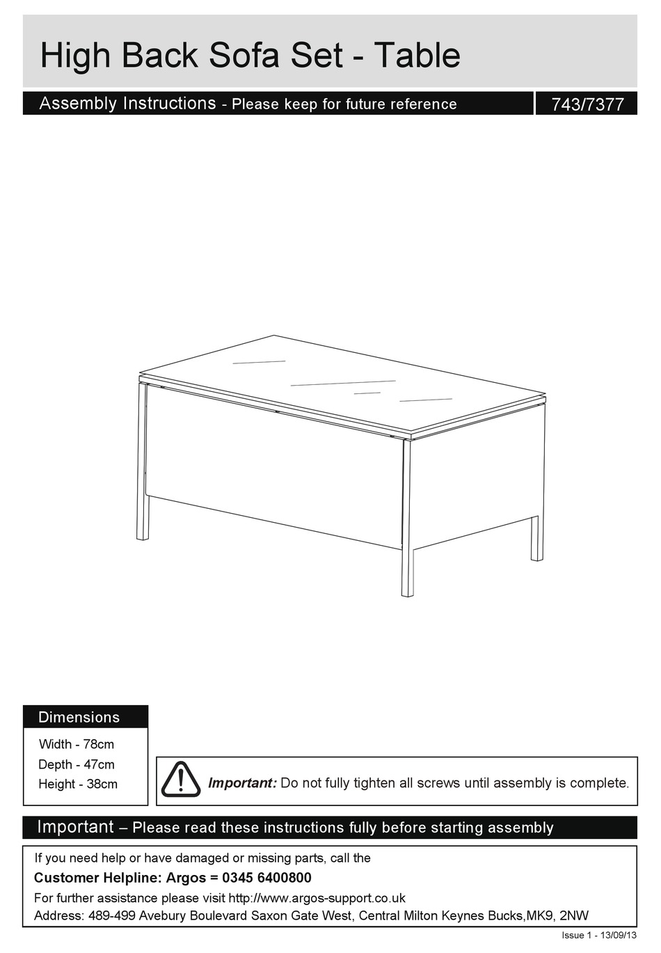 ARGOS HIGH BACK SOFA SET TABLE 743/7377 ASSEMBLY INSTRUCTIONS MANUAL