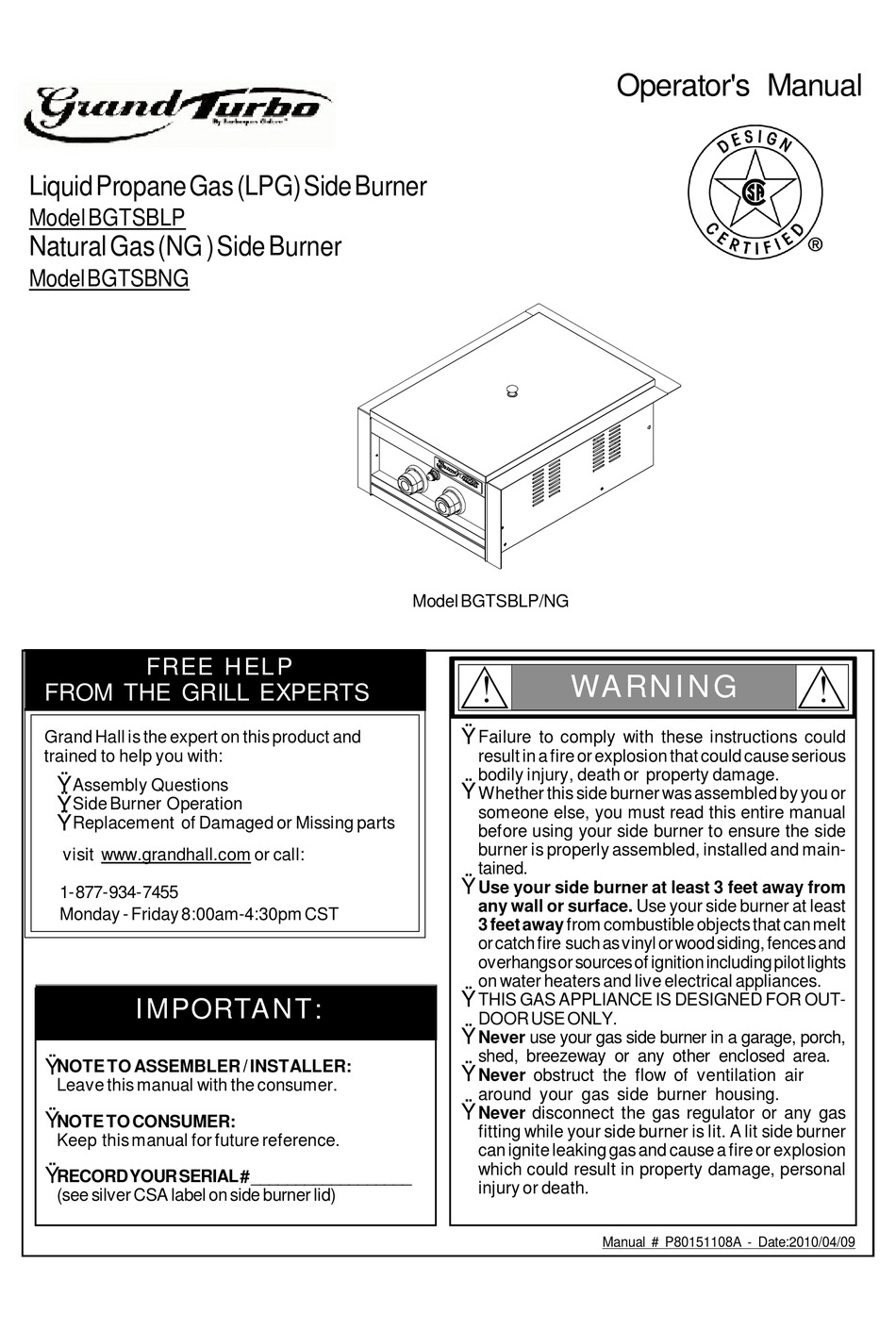 BARBEQUES GALORE GRAND TURBO BGTSBLP OPERATOR'S MANUAL Pdf Download