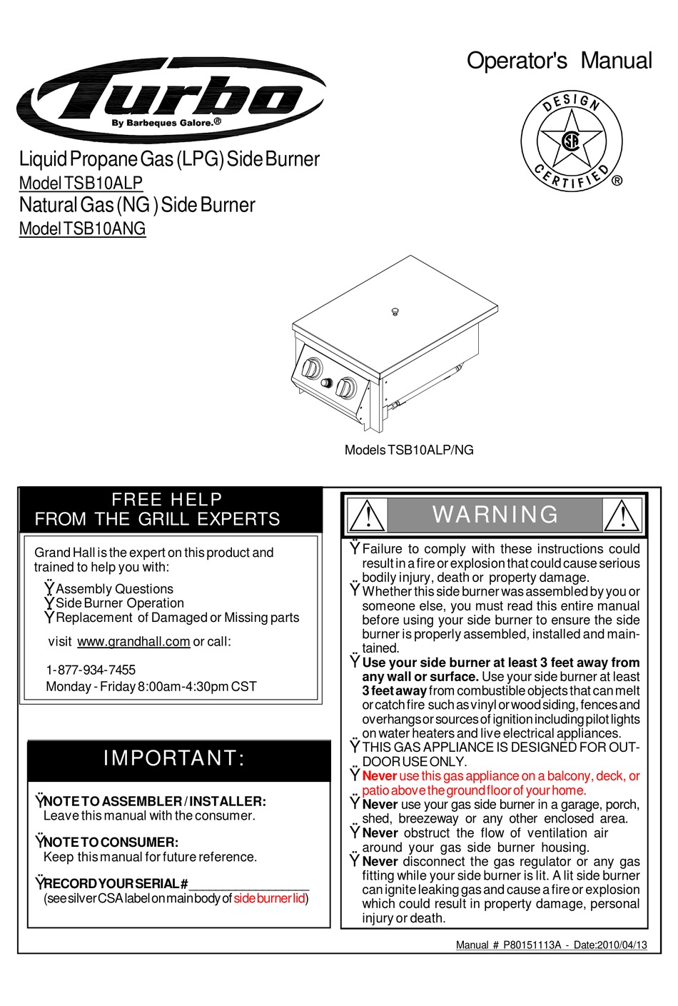 BARBEQUES GALORE TURBO TSB10ALP OPERATOR'S MANUAL Pdf Download ManualsLib