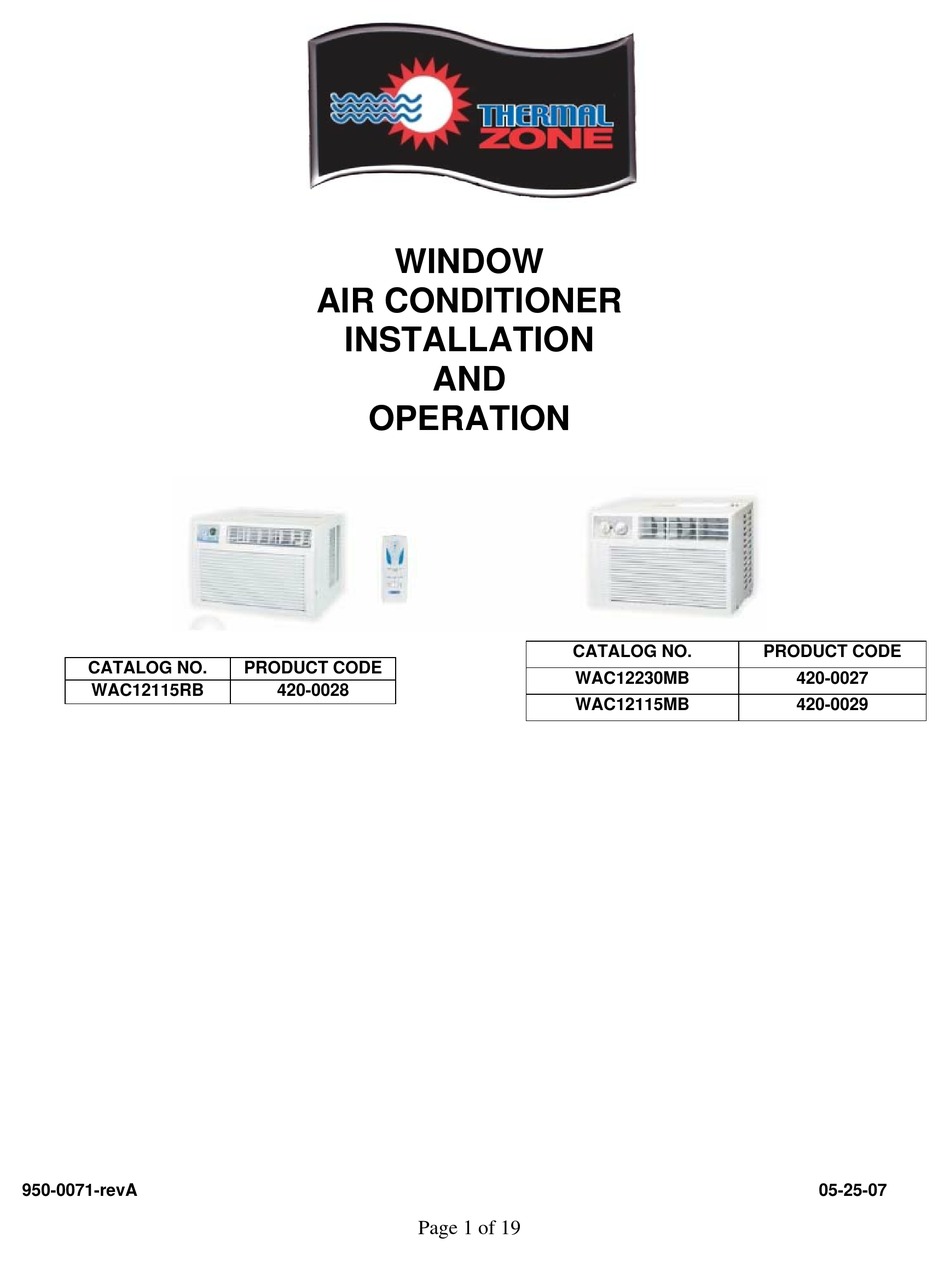 THERMAL ZONE WAC12115RB INSTALLATION AND OPERATION MANUAL Pdf Download