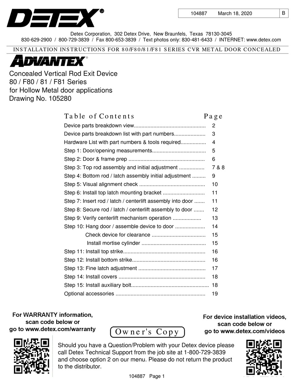 DETEX ADVANTEX 80 SERIES INSTALLATION INSTRUCTIONS MANUAL Pdf Download
