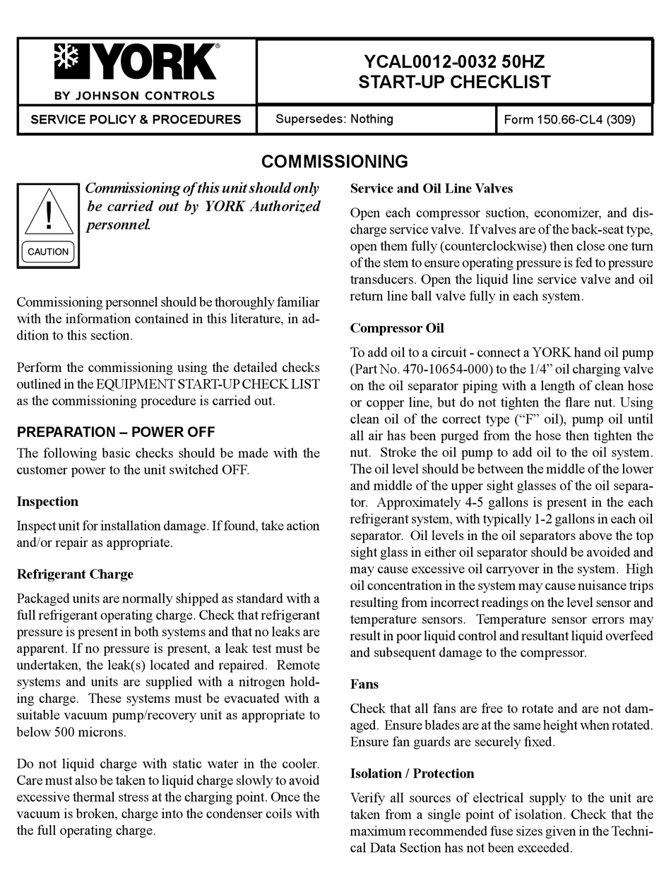 JOHNSON CONTROLS YORK YCAL00120032 STARTUP CHECKLIST Pdf Download