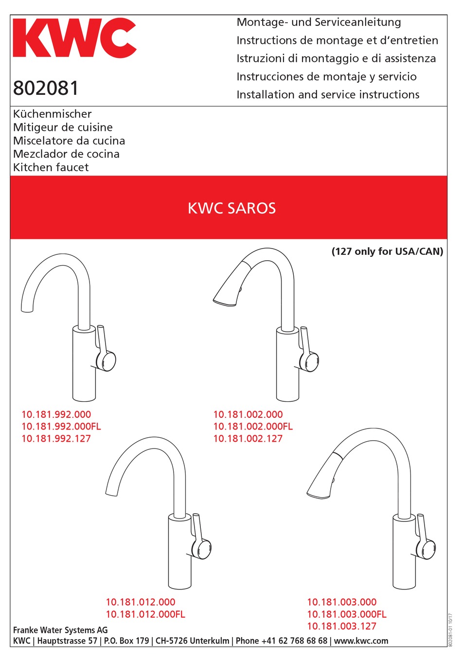 KWC SAROS 10.181.992.000 INSTALLATION AND SERVICE INSTRUCTIONS MANUAL