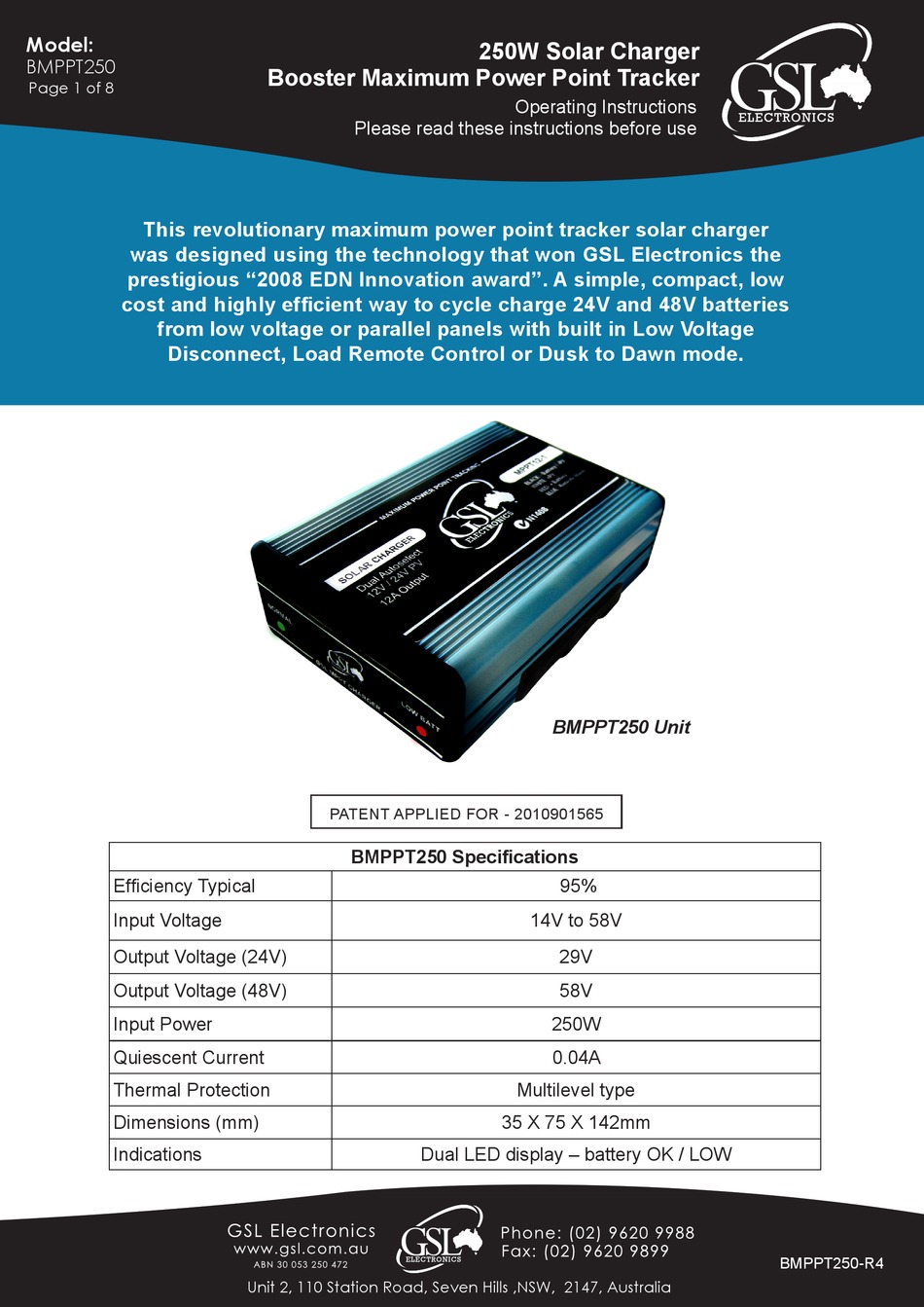 GSL ELECTRONICS BMPPT250 OPERATING INSTRUCTIONS MANUAL Pdf Download