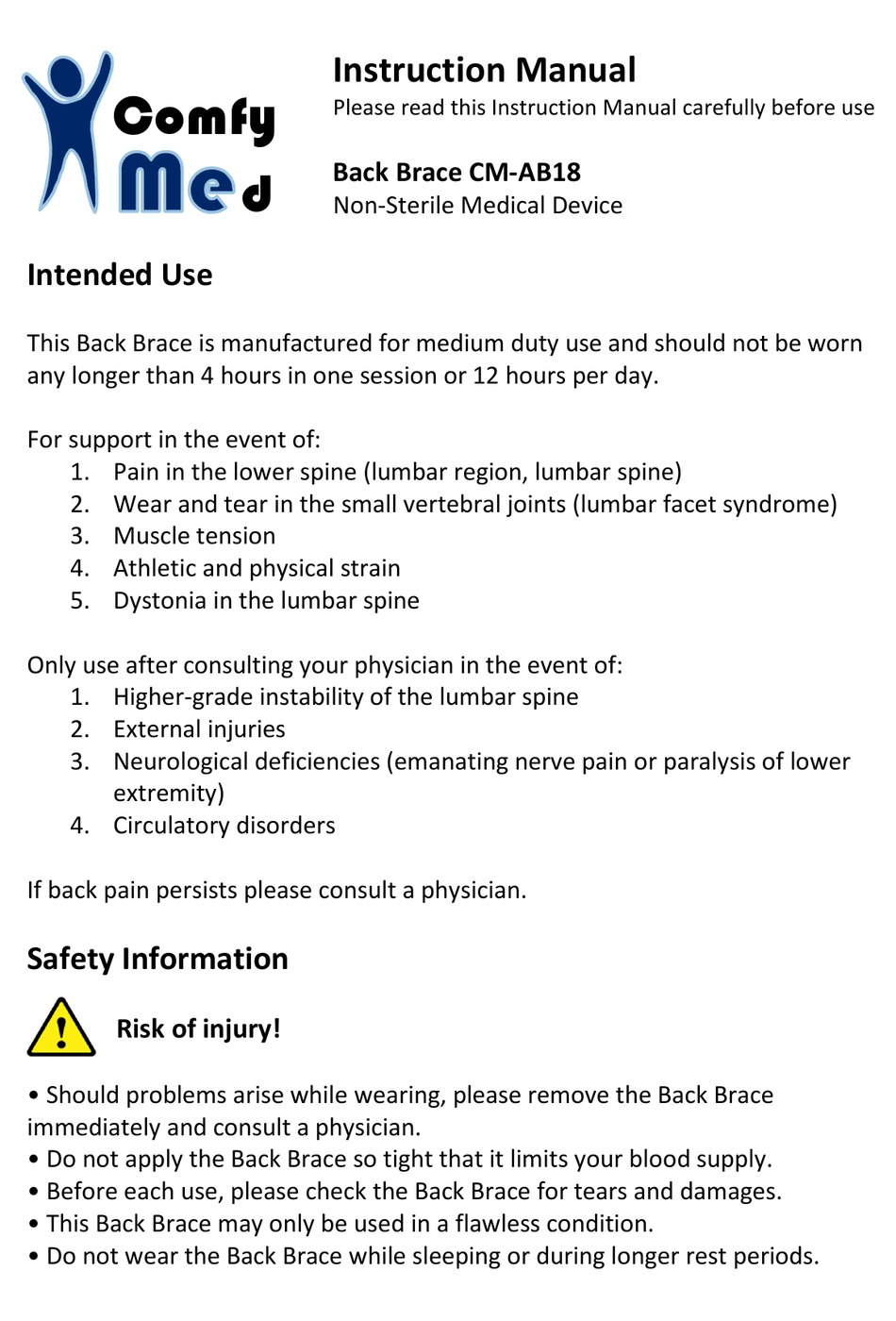 COMFY MED BACK BRACE CMAB18 INSTRUCTION MANUAL Pdf Download ManualsLib