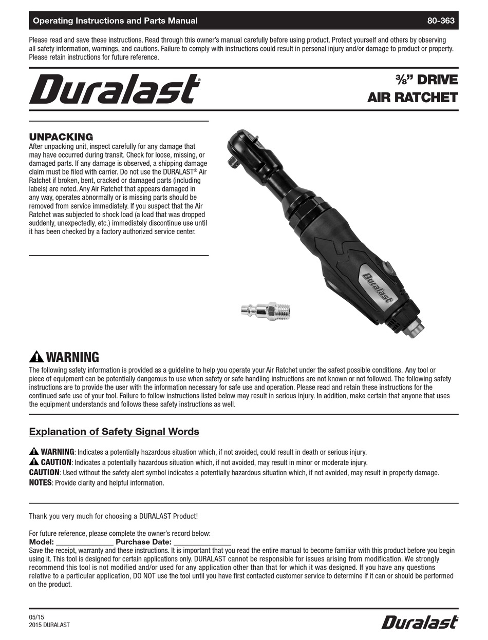 DURALAST 80363 OPERATING INSTRUCTIONS AND PARTS MANUAL Pdf Download
