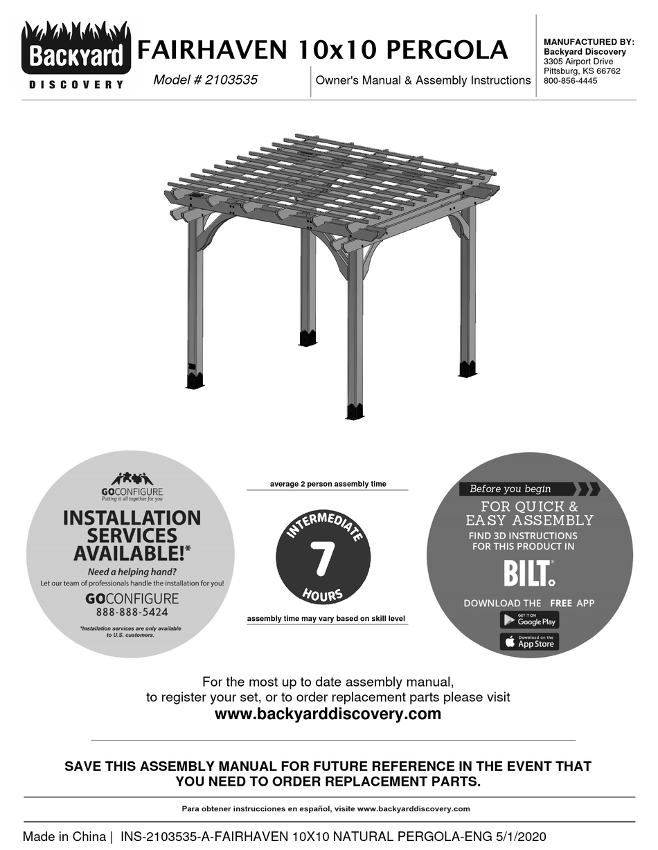 BACKYARD DISCOVERY FAIRHAVEN 2103535 OWNER'S MANUAL & ASSEMBLY