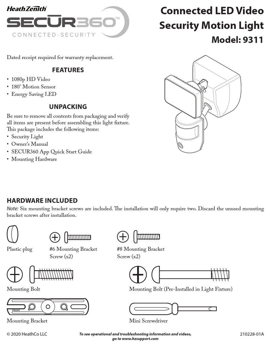 HEATH ZENITH SECUR360 9311 IMPORTANT SAFETY AND INSTALLATION