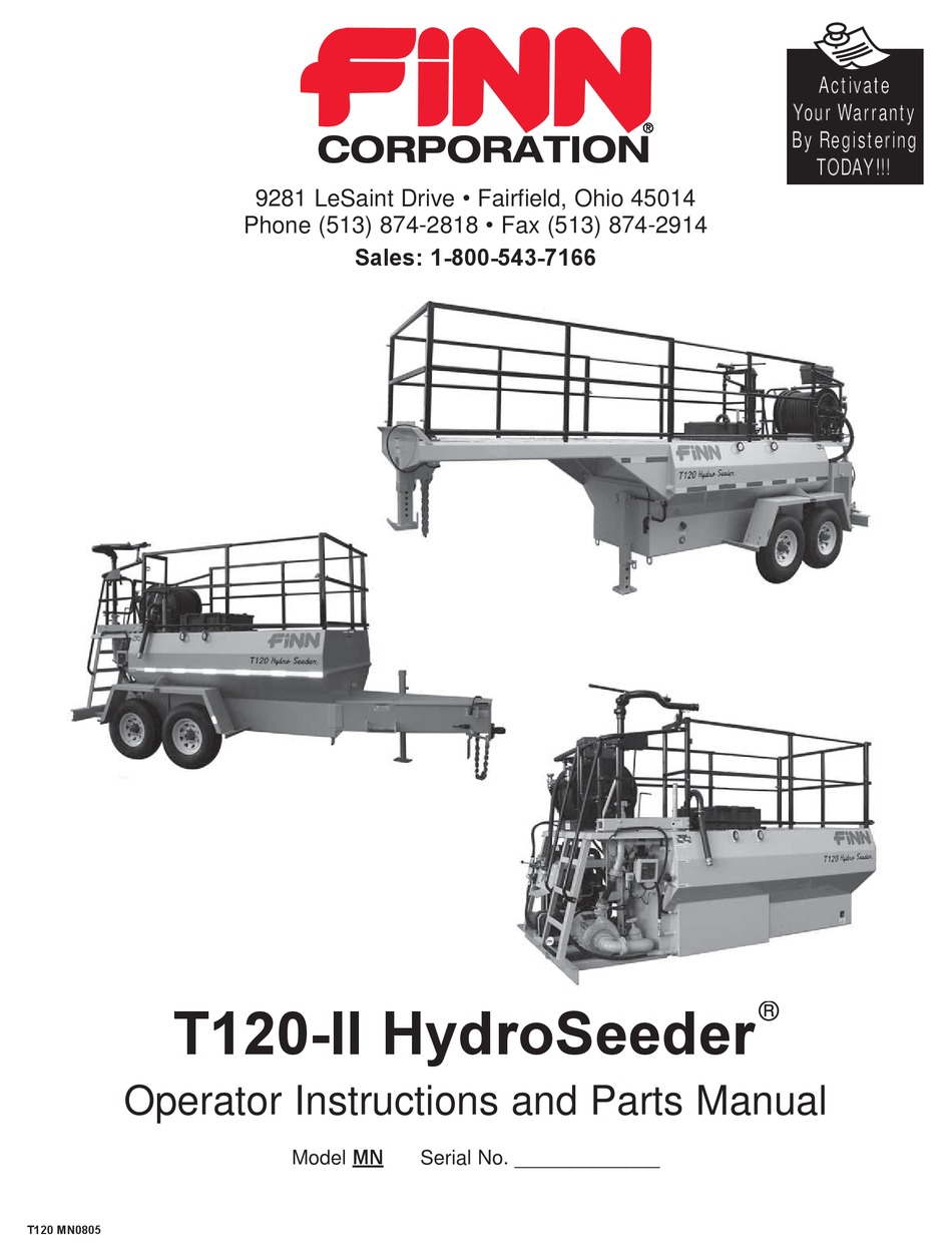 FINN T120II HYDROSEEDER OPERATOR INSTRUCTIONS AND PARTS MANUAL Pdf