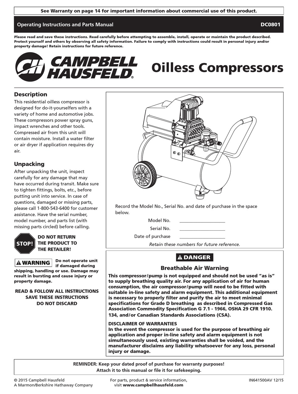 CAMPBELL HAUSFELD DC0801 OPERATING INSTRUCTIONS AND PARTS MANUAL Pdf ...