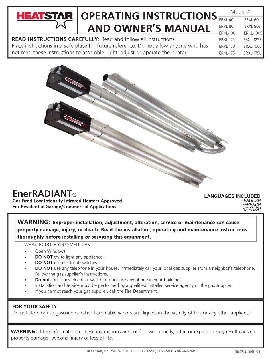 HEATSTAR ENERRADIANT ERXL40 OPERATING INSTRUCTIONS AND OWNER'S MANUAL