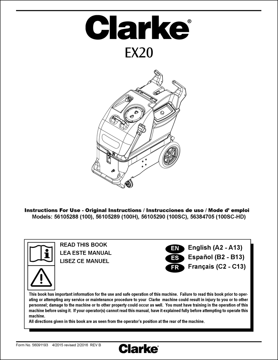 NILFISKADVANCE CLARKE EX20 100 INSTRUCTIONS FOR USE MANUAL Pdf
