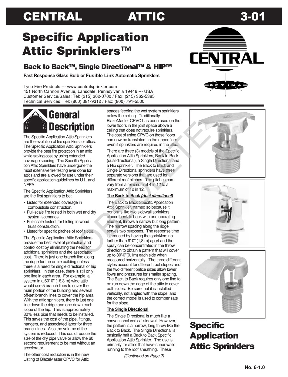 TYCO FIRE PRODUCT CENTRAL ATTIC INSTRUCTION MANUAL Pdf Download