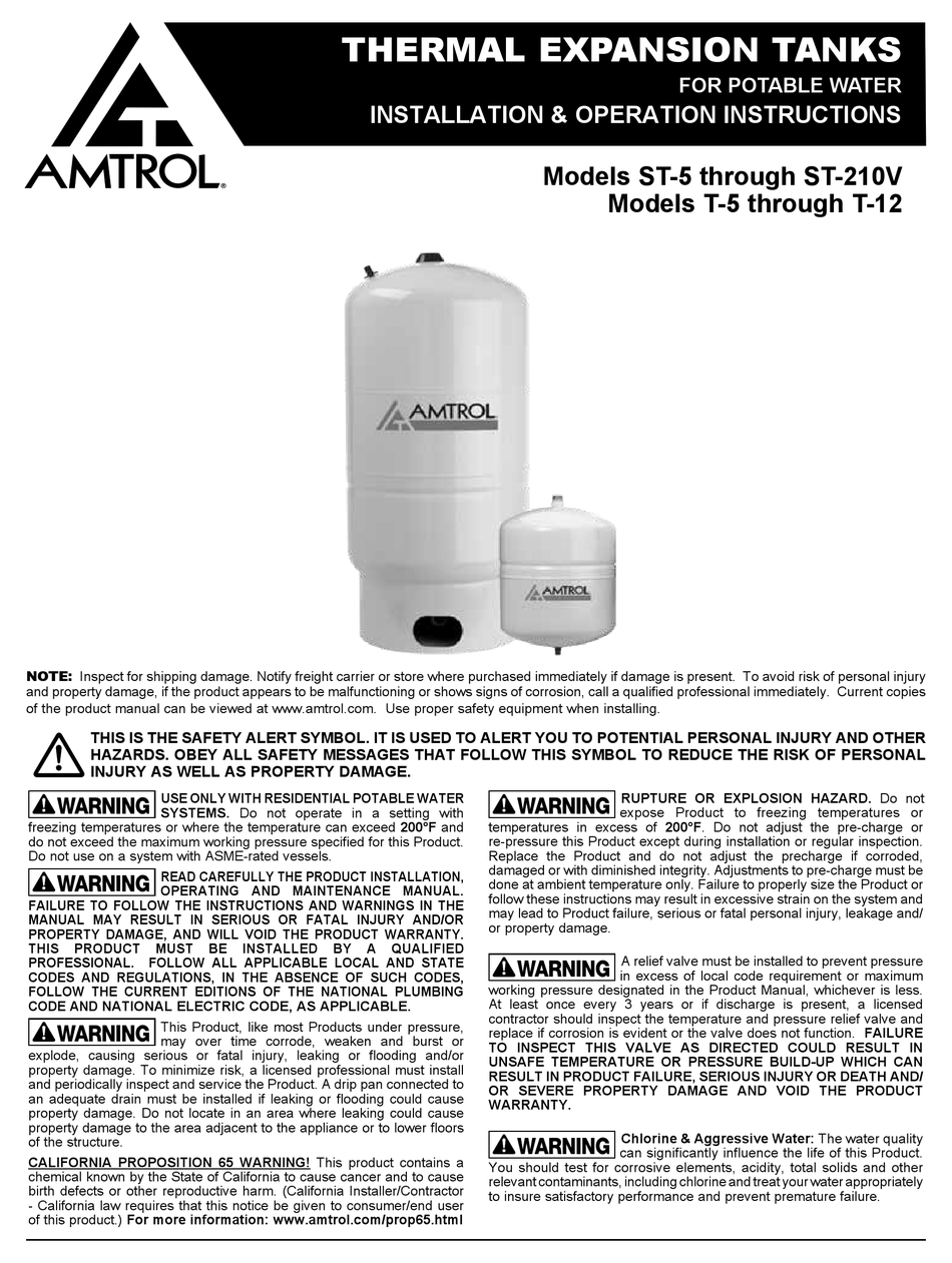 AMTROL THERMXTROL ST SERIES INSTALLATION & OPERATION INSTRUCTIONS Pdf