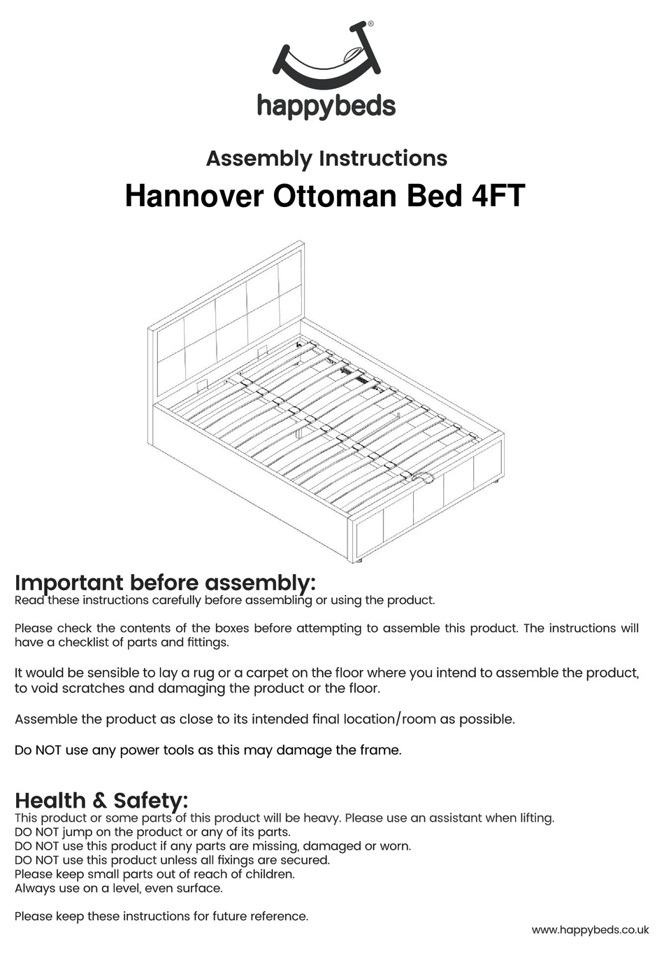 HAPPYBEDS HANNOVER OTTOMAN BED 4FT ASSEMBLY INSTRUCTIONS MANUAL Pdf