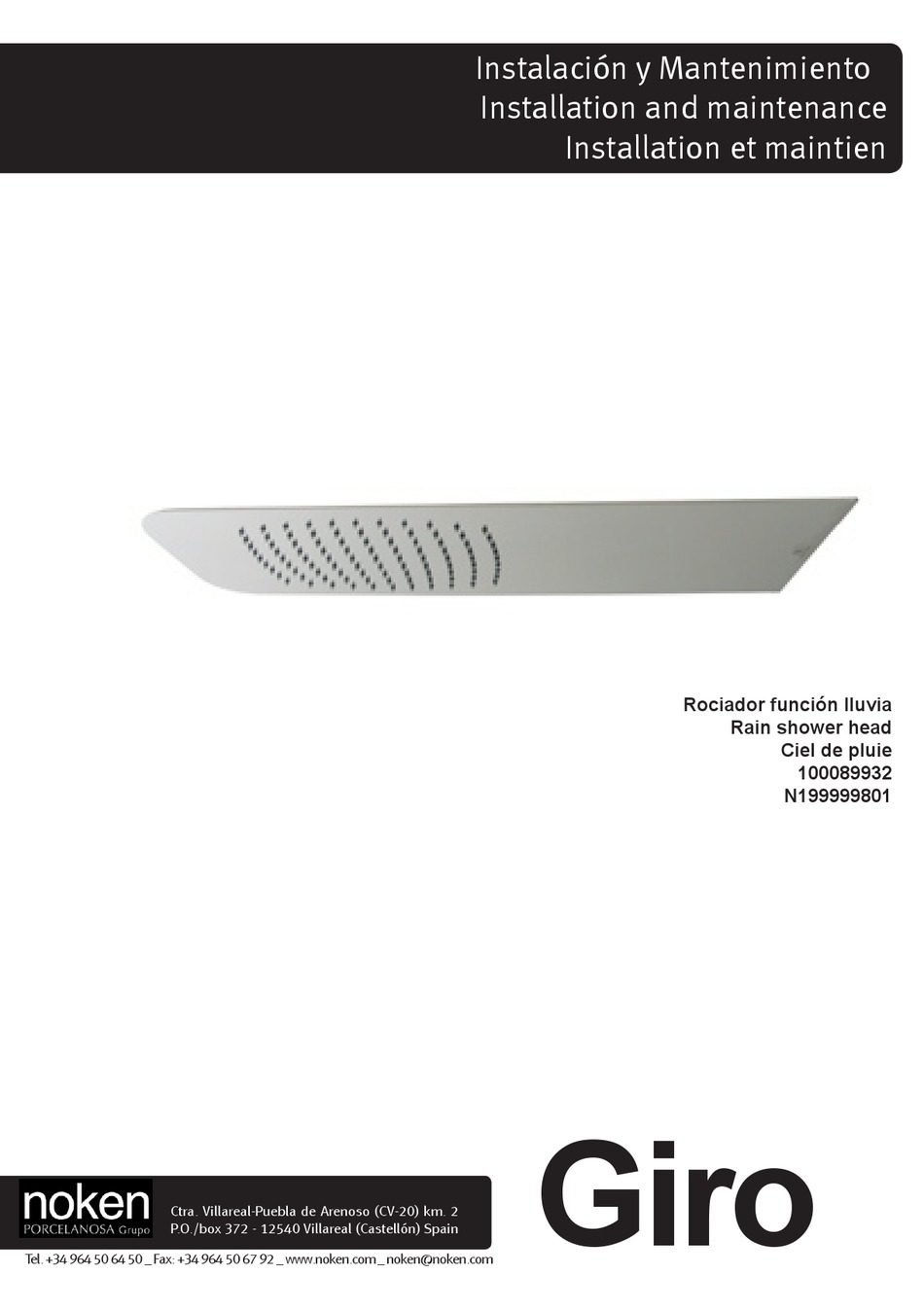PORCELANOSA NOKEN GIRO 100089932 INSTALLATION AND MAINTENANCE MANUAL