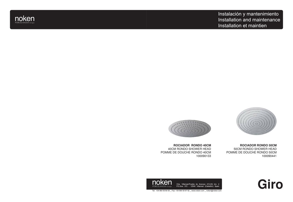 PORCELANOSA NOKEN GIRO 100090133 INSTALLATION AND MAINTENANCE MANUAL