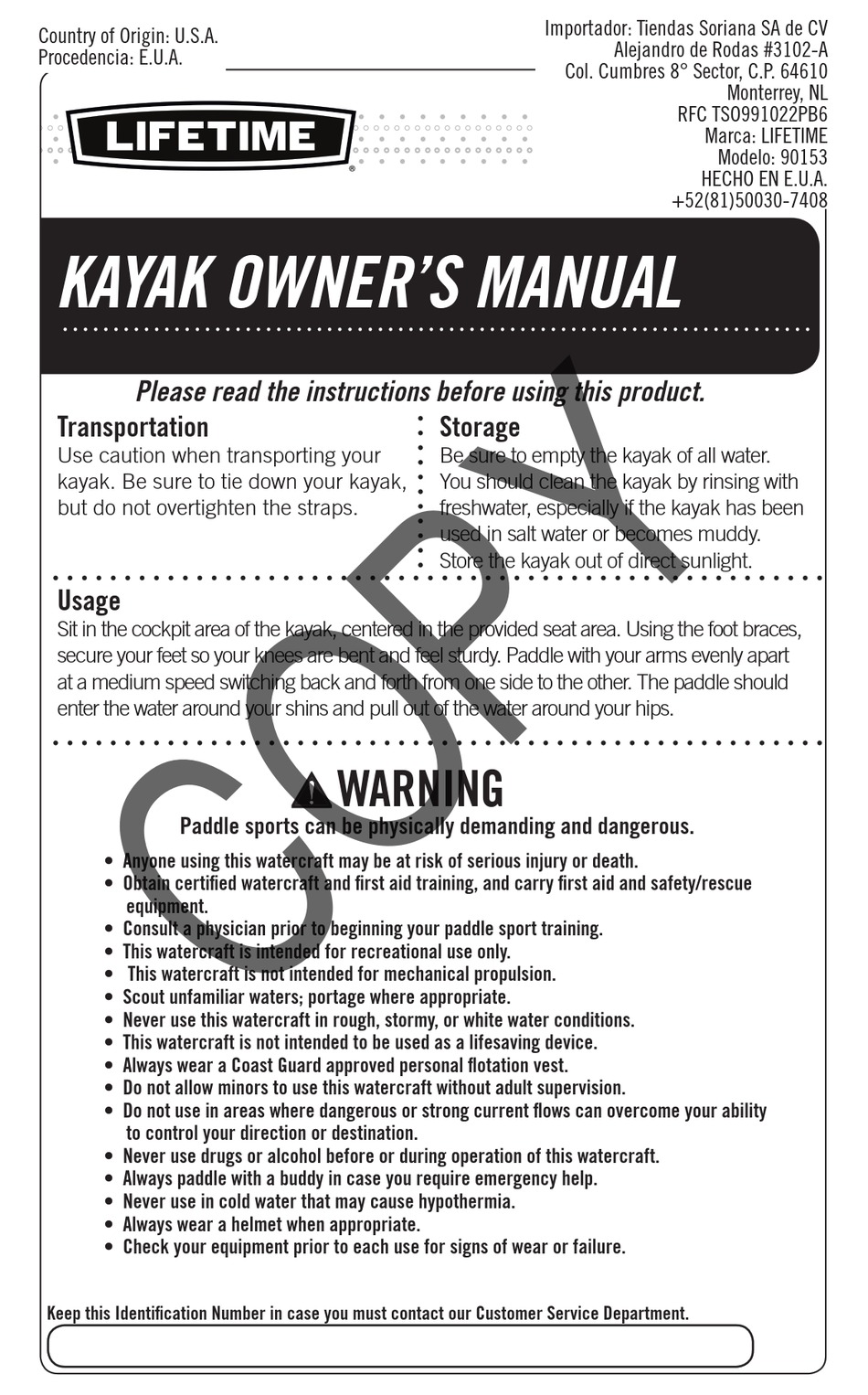 LIFETIME KAYAK OWNER'S MANUAL Pdf Download ManualsLib