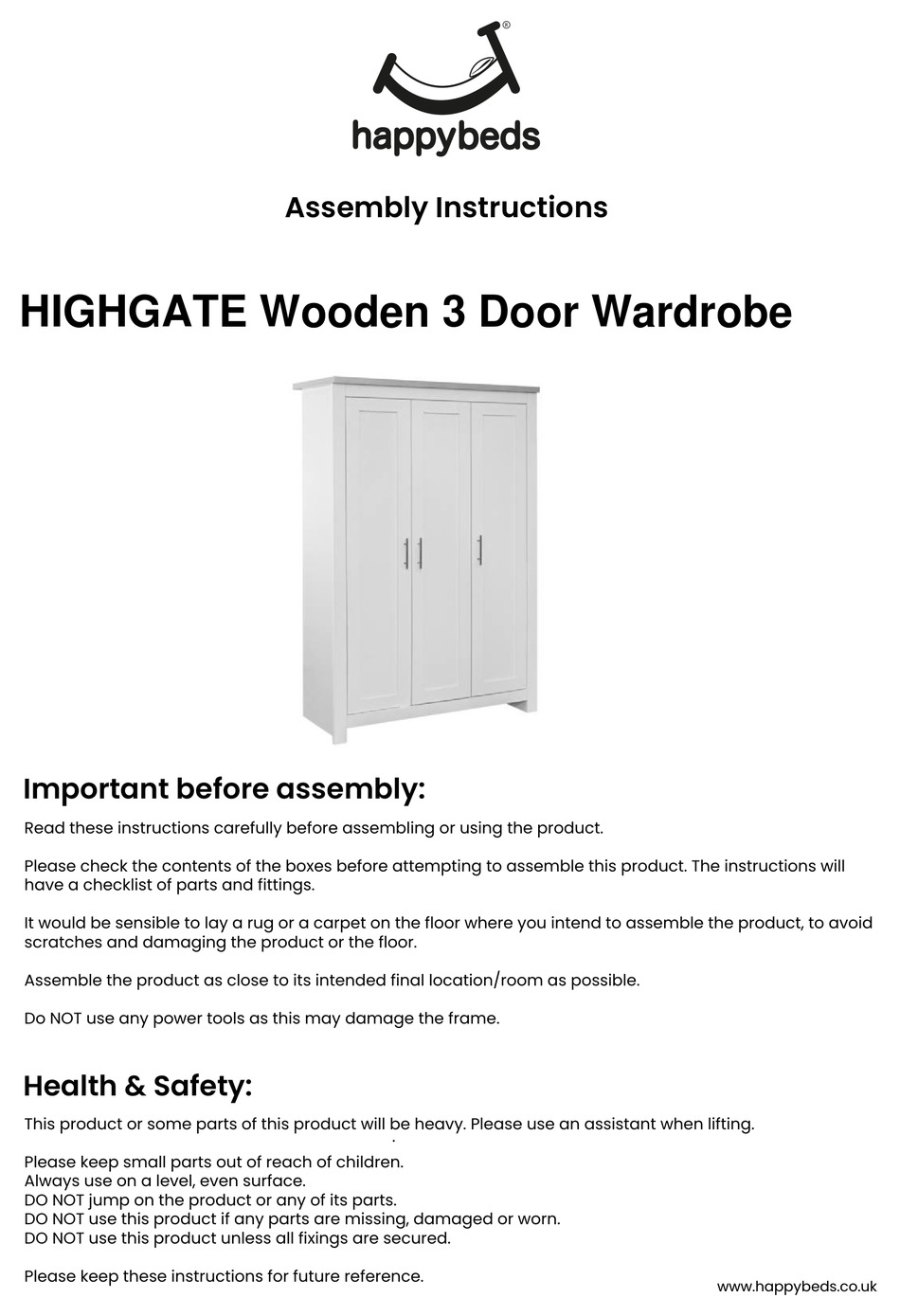 HAPPYBEDS HIGHGATE WOODEN 3 DOOR WARDROBE ASSEMBLY INSTRUCTIONS MANUAL