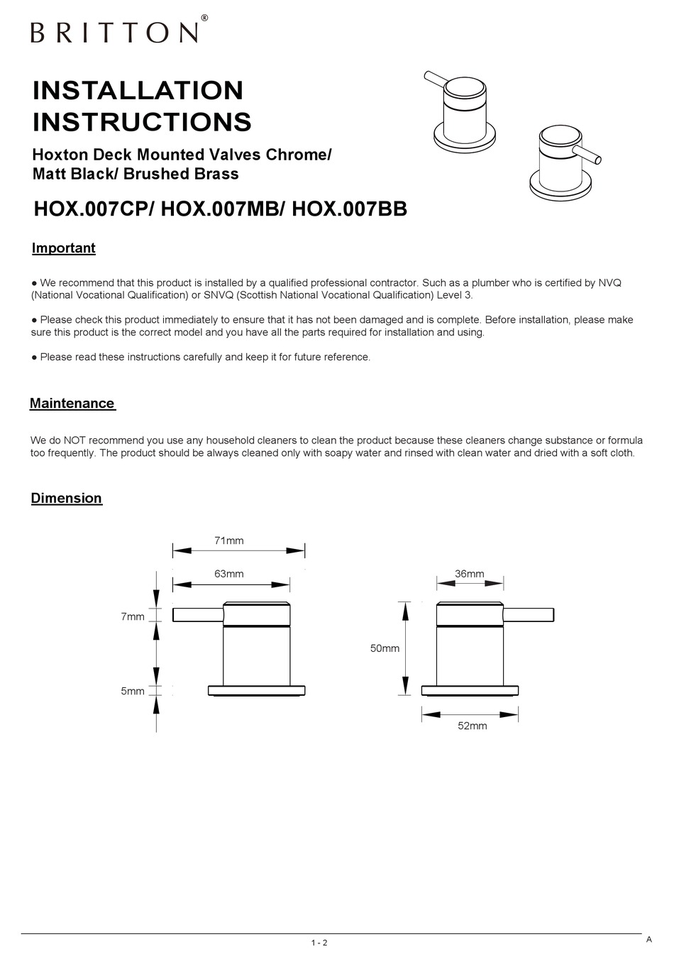 BRITTON HOXTON HOX.007CP INSTALLATION INSTRUCTIONS Pdf Download