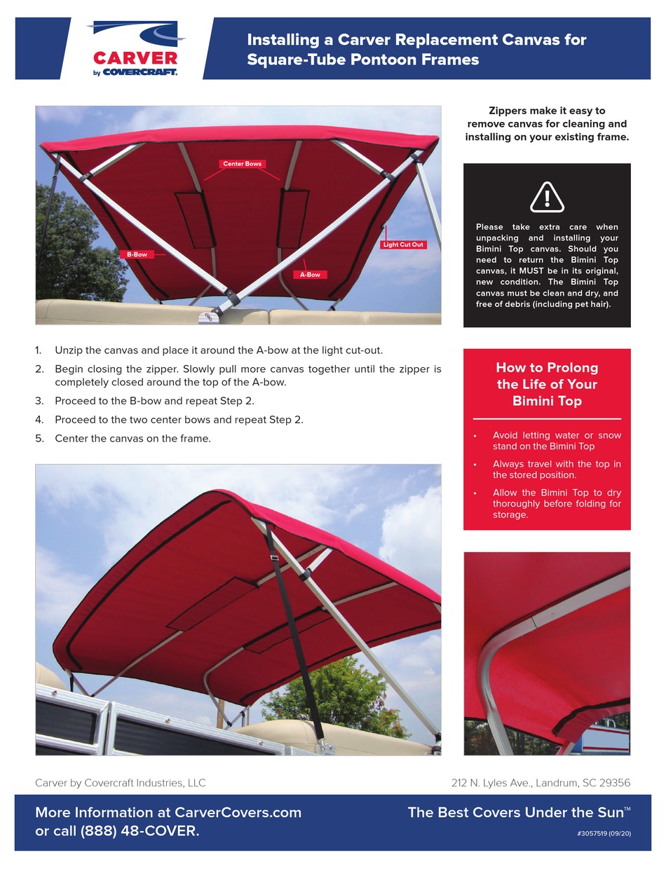 COVERCRAFT CARVER BIMINI TOP INSTALLING Pdf Download ManualsLib