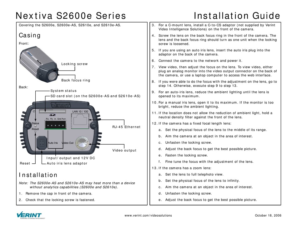 VERINT NEXTIVA S2600E SERIES INSTALLATION MANUAL Pdf Download ManualsLib