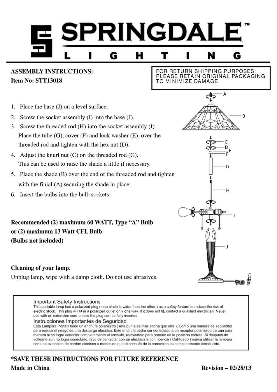 SPRINGDALE LIGHTING STT13018 ASSEMBLY INSTRUCTIONS Pdf Download