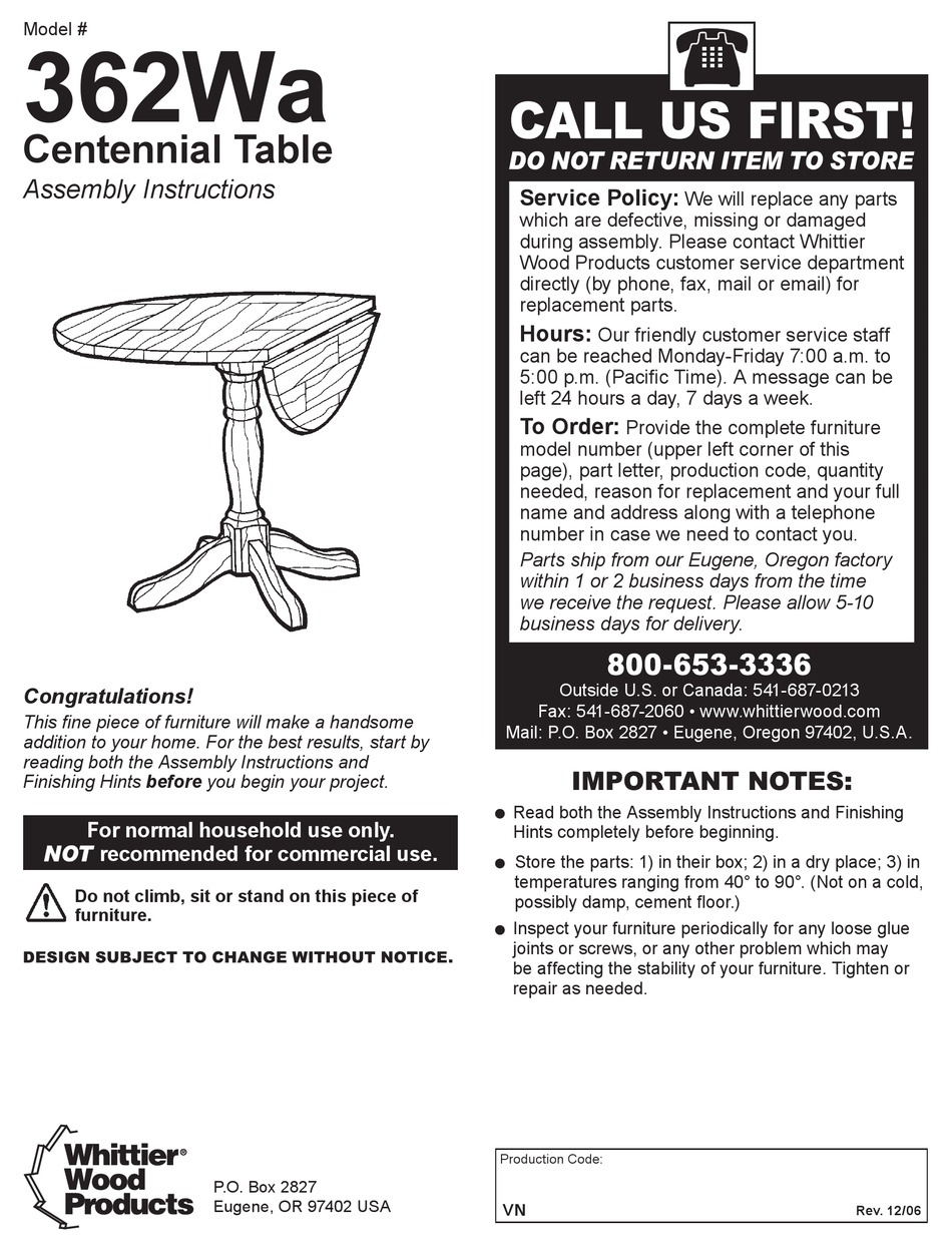 WHITTIER WOOD PRODUCTS 362WA ASSEMBLY INSTRUCTIONS MANUAL Pdf Download