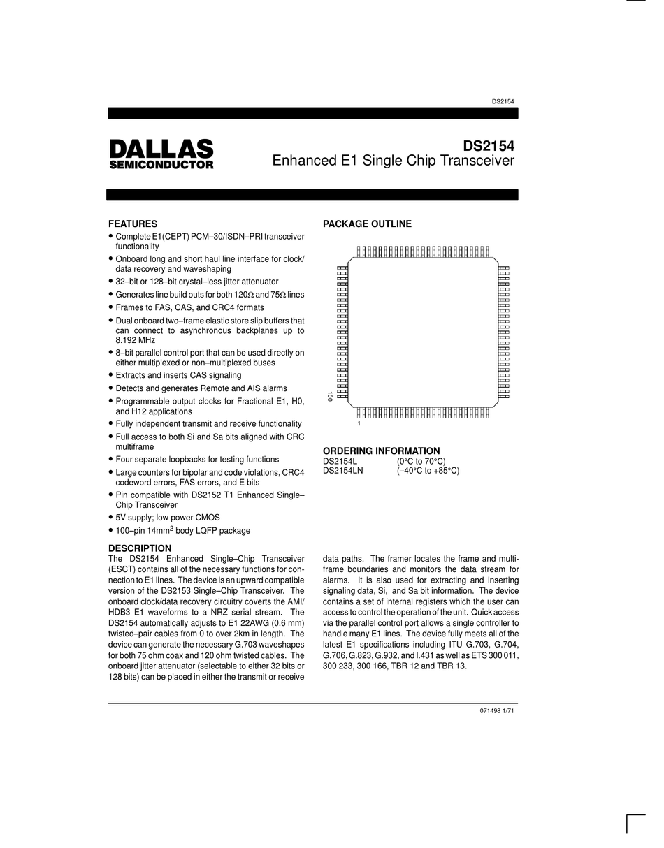 DALLAS SEMICONDUCTOR DS2154 MANUAL Pdf Download ManualsLib