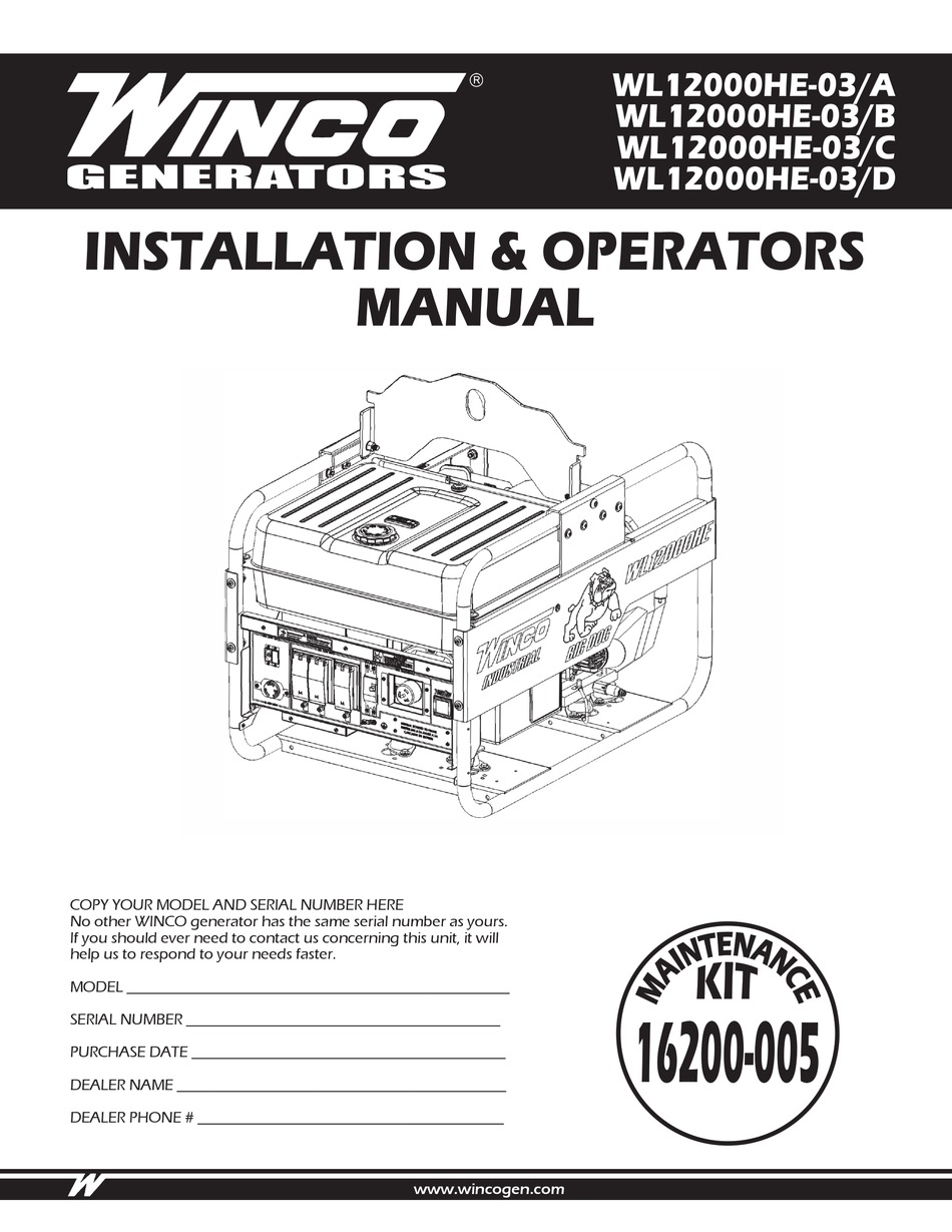WINCO WL12000HE03/A INSTALLATION & OPERATOR