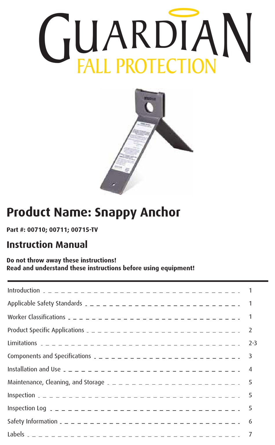 GUARDIAN FALL PROTECTION SNAPPY ANCHOR 00710 INSTRUCTION MANUAL Pdf