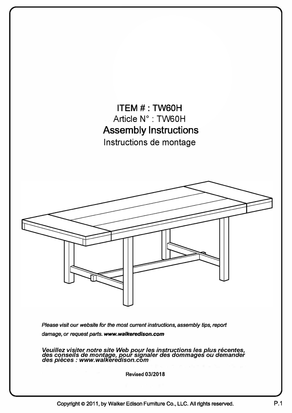 WALKER EDISON TW60H ASSEMBLY INSTRUCTIONS MANUAL Pdf Download ManualsLib