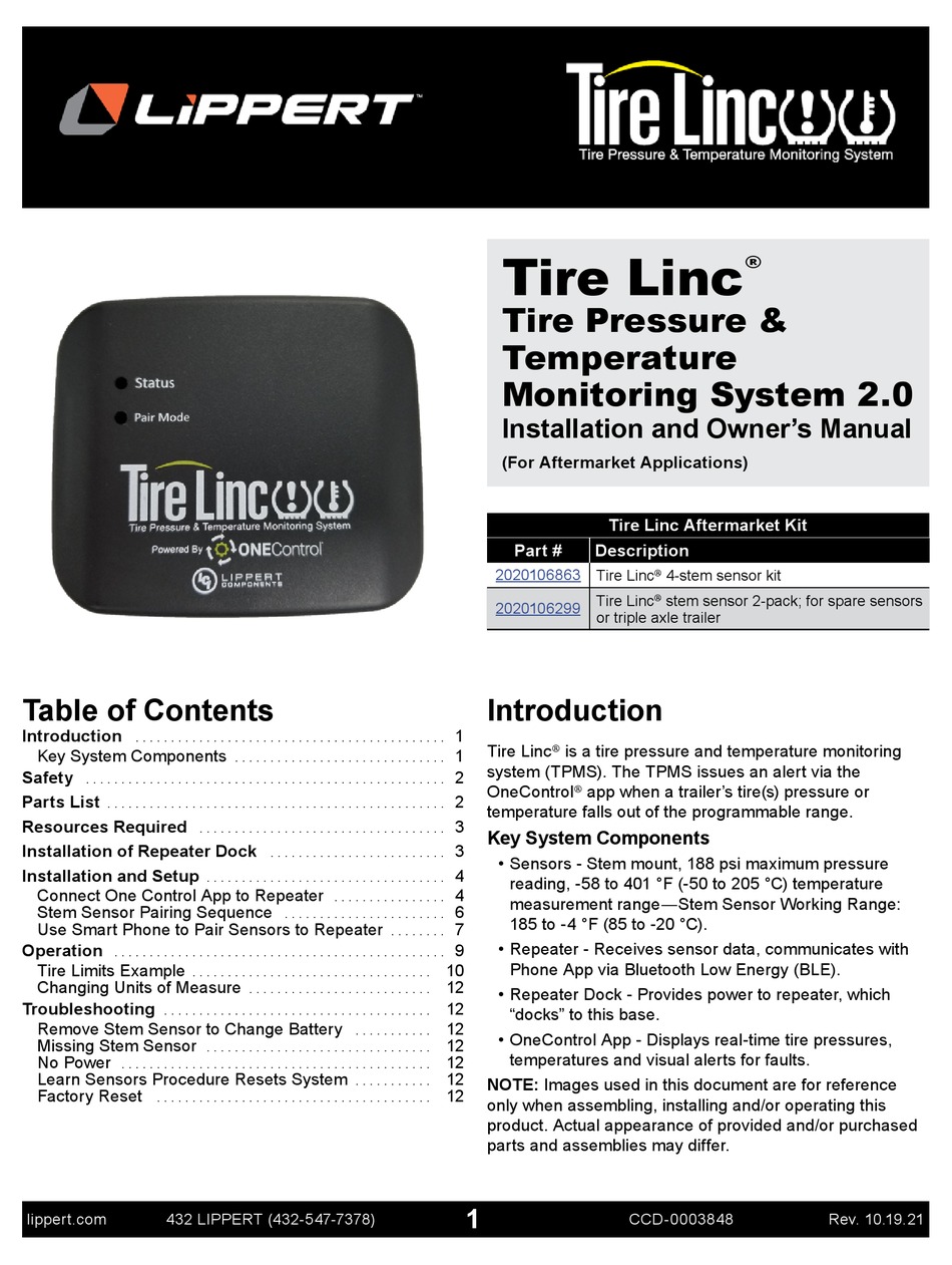 LIPPERT TIRE LINC 2020106863 INSTALLATION AND OWNER