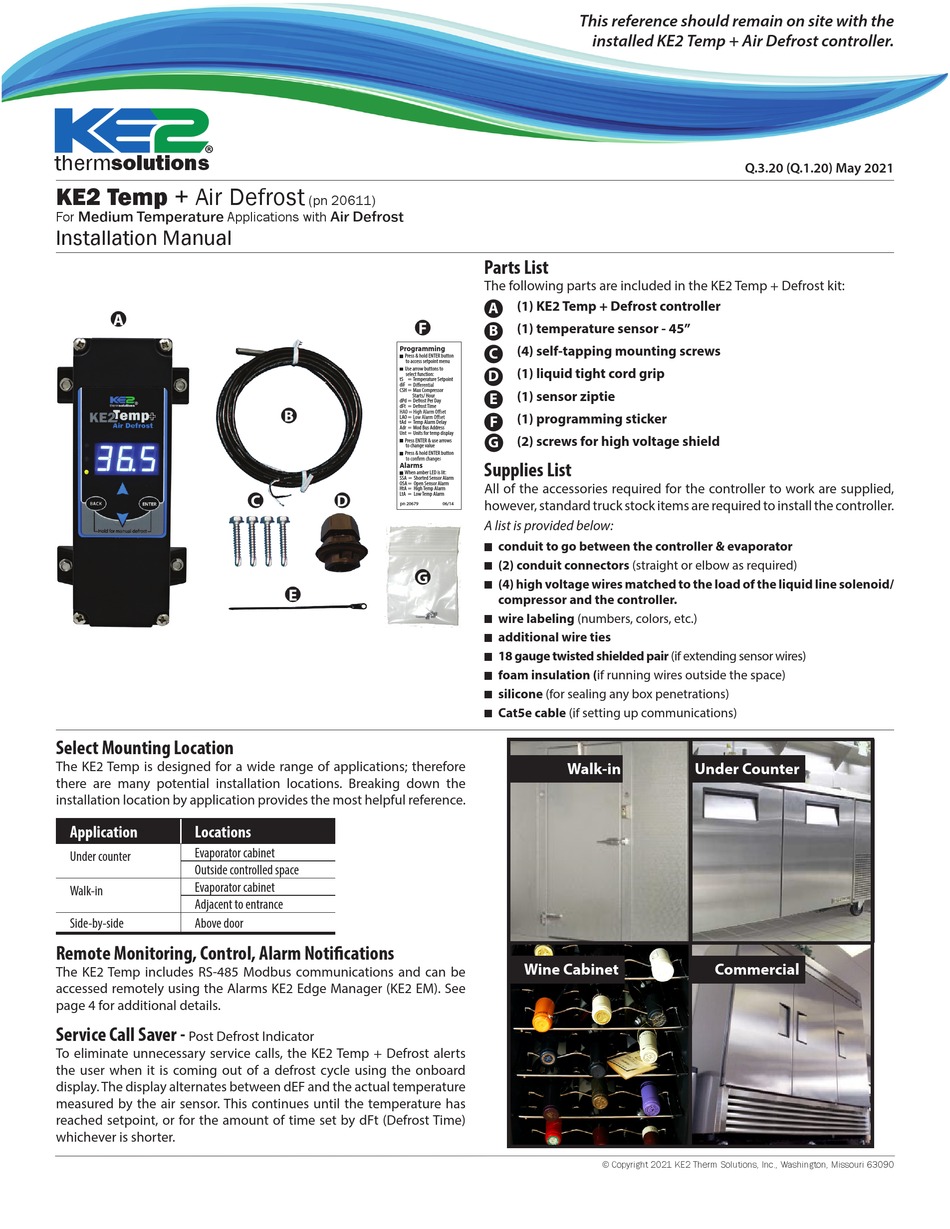 KE2 THERM SOLUTIONS TEMP + AIR DEFROST INSTALLATION MANUAL Pdf Download