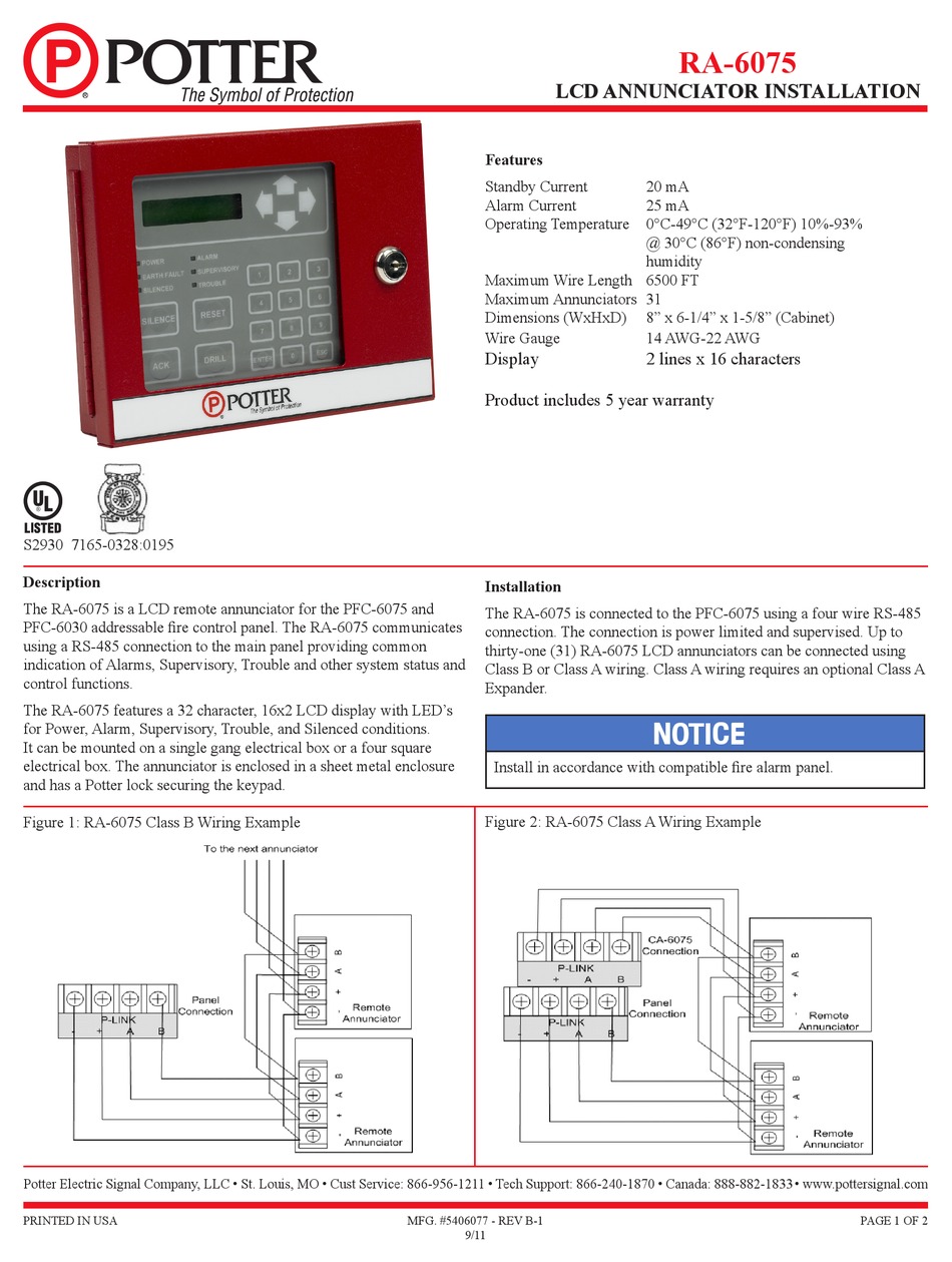 POTTER RA-6075 INSTALLATION Pdf Download | ManualsLib