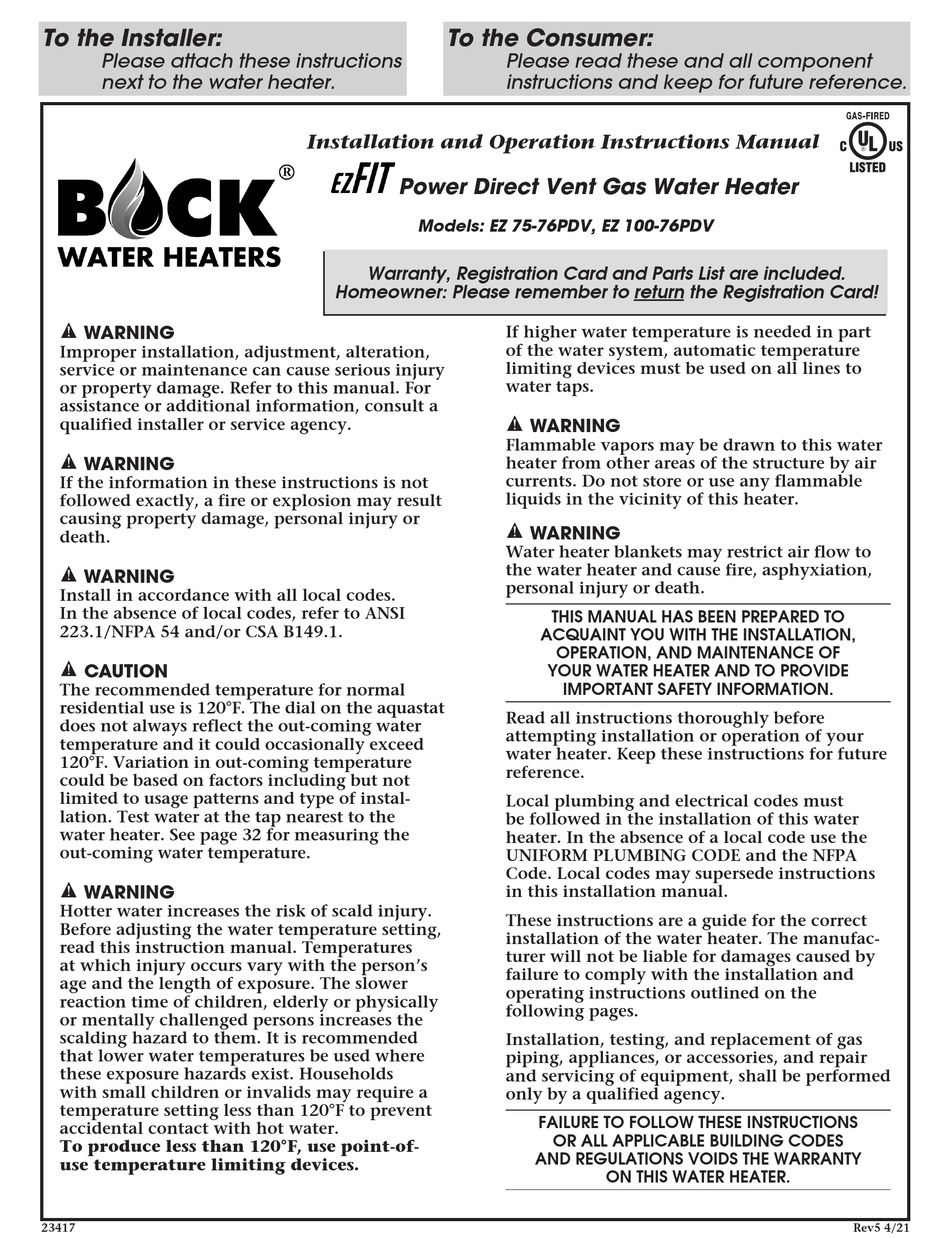 BOCK WATER HEATERS EZFIT EZ 7576PDV INSTALLATION AND OPERATION